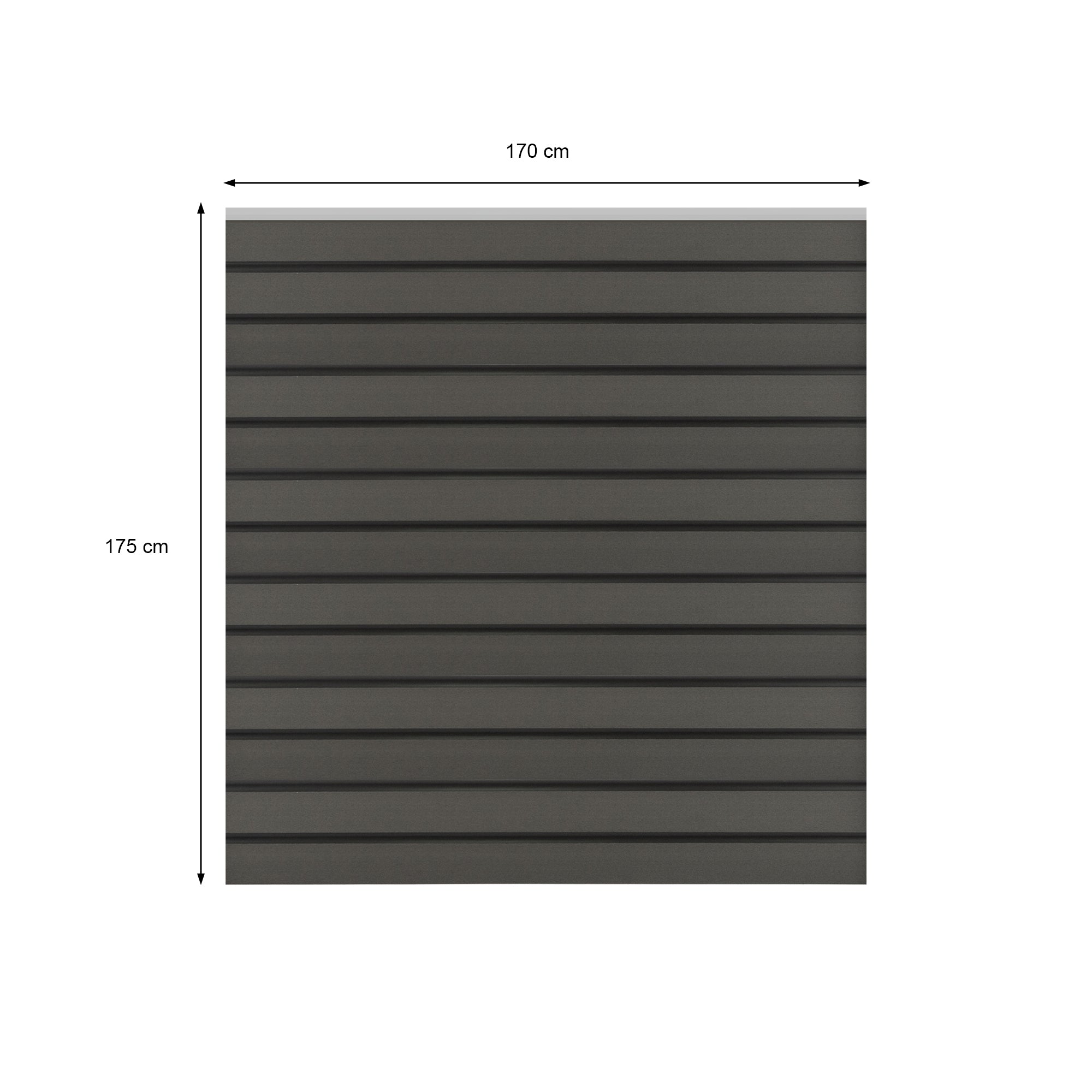 Grijze muur met horizontale strepen, afmetingen 170 cm x 175 cm.