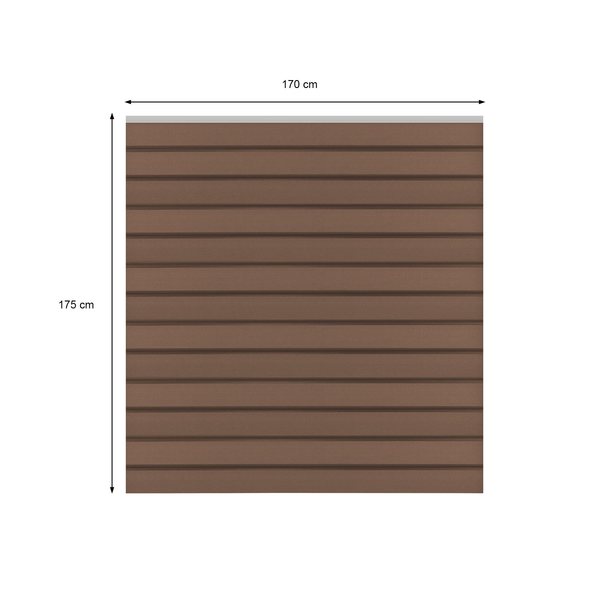 Een bruin paneel met horizontale groeven, afmetingen zijn opgegeven.