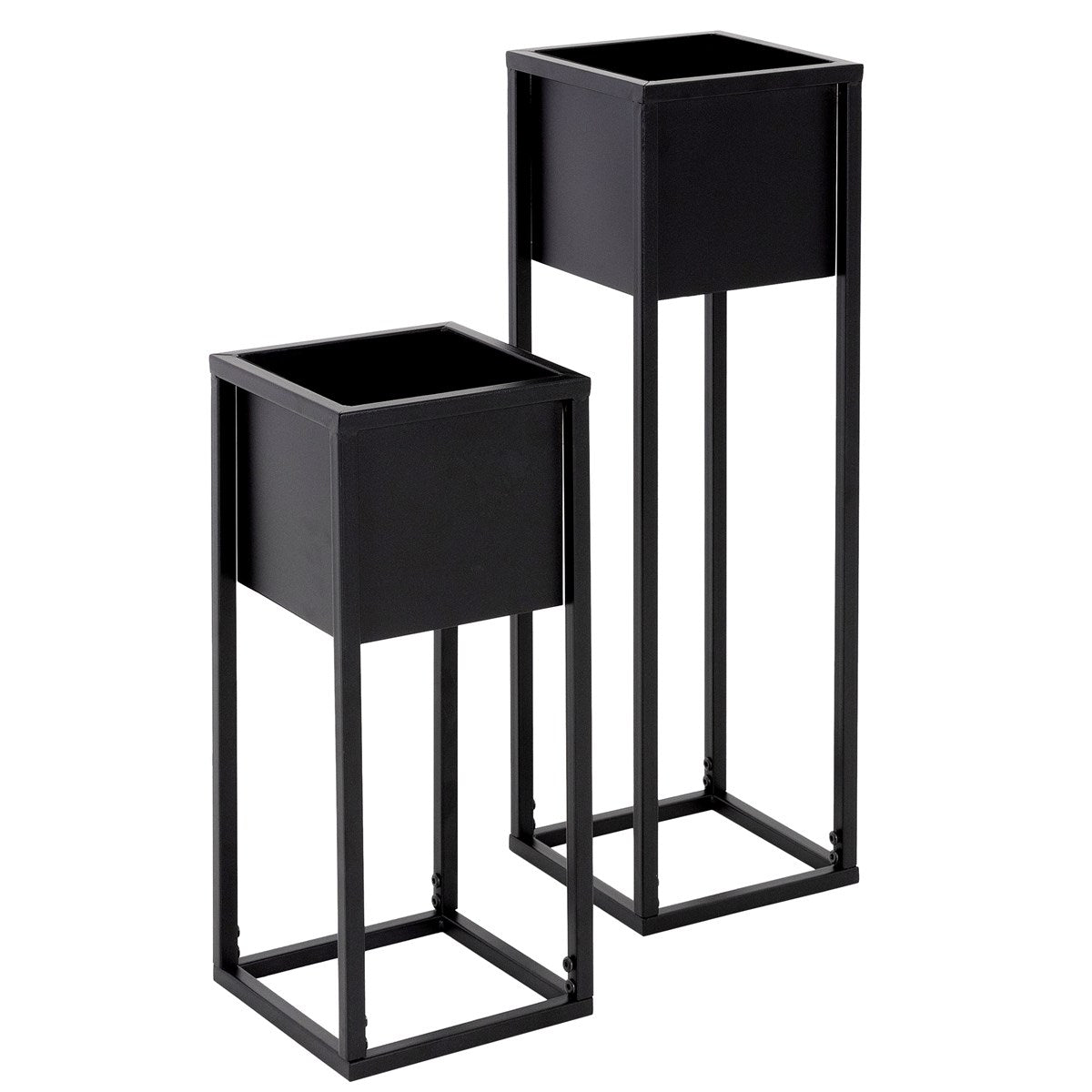 Two black planters on stands at different heights.