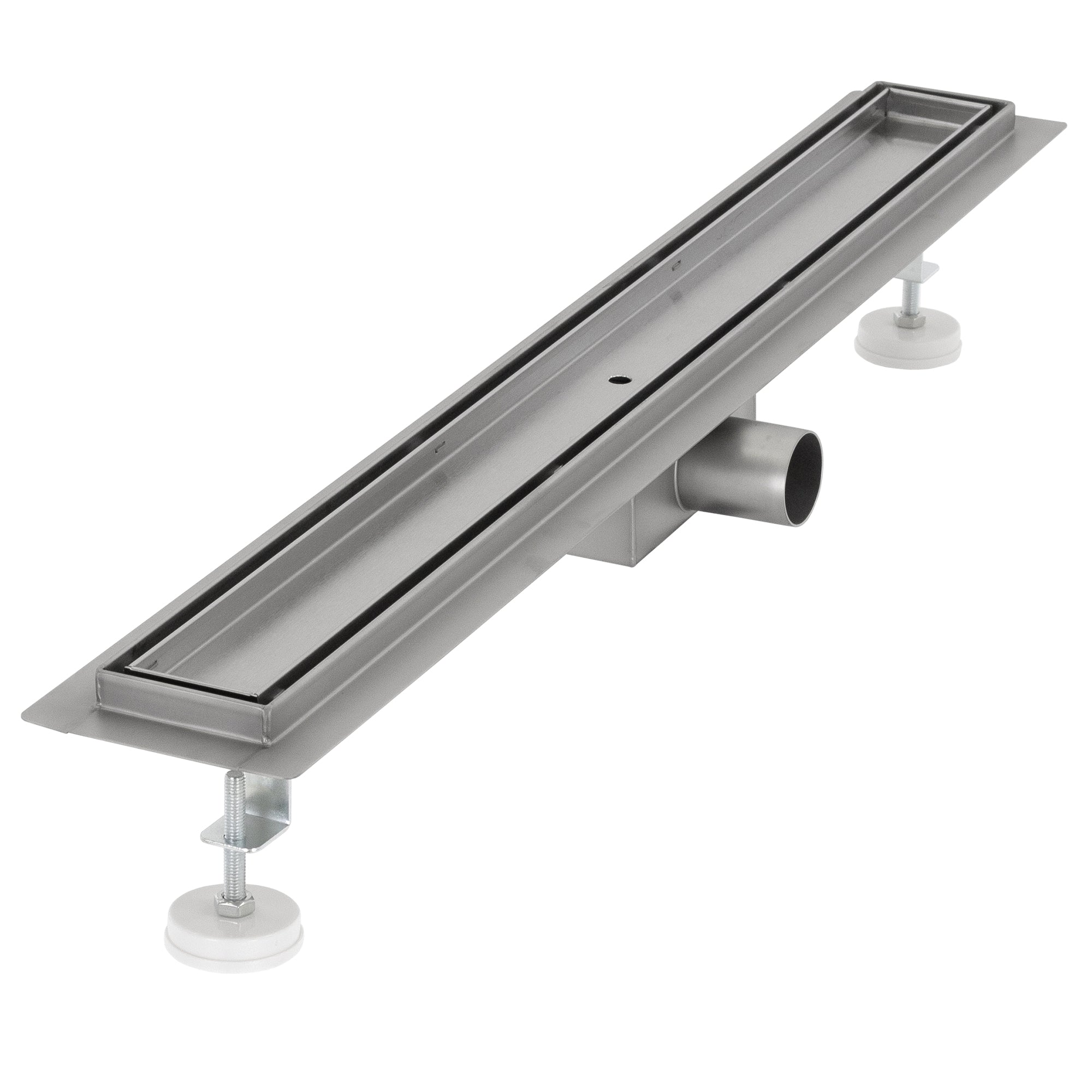 Seitenansicht eines Abflusses mit verstellbaren Füßen und Anschlussstück.