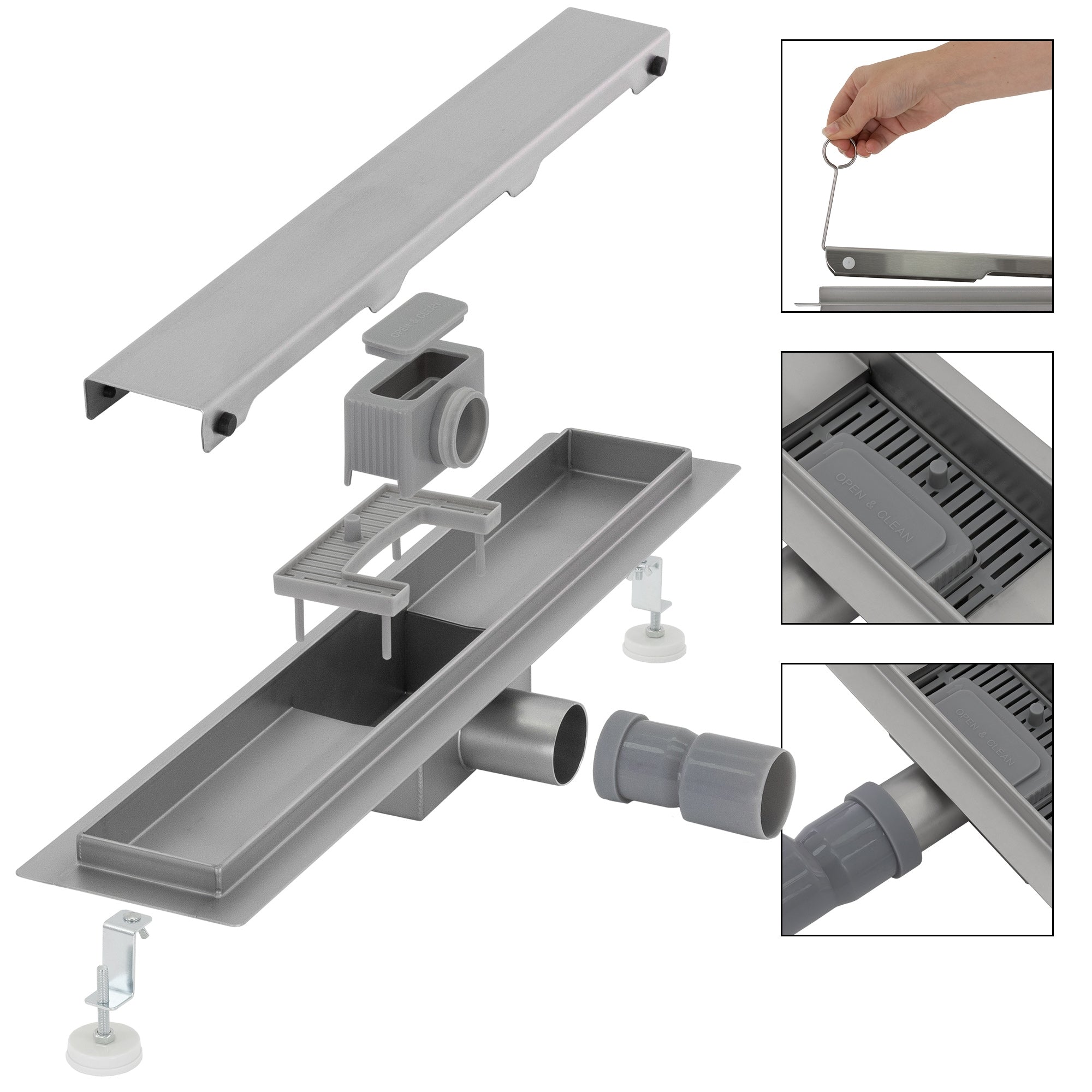 Gray shower channel with mounting accessories, top and side view.