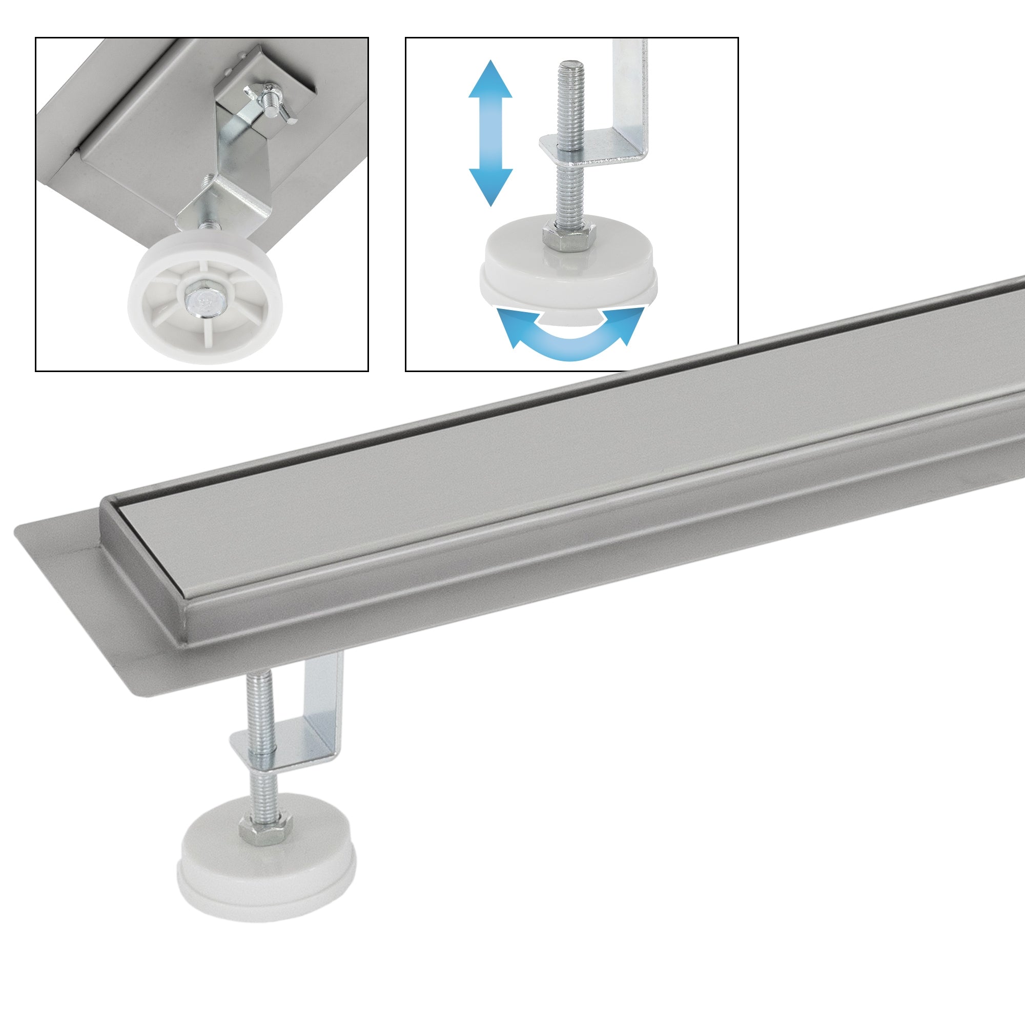 Detail view of a metal drain with adjustable feet and a screw.