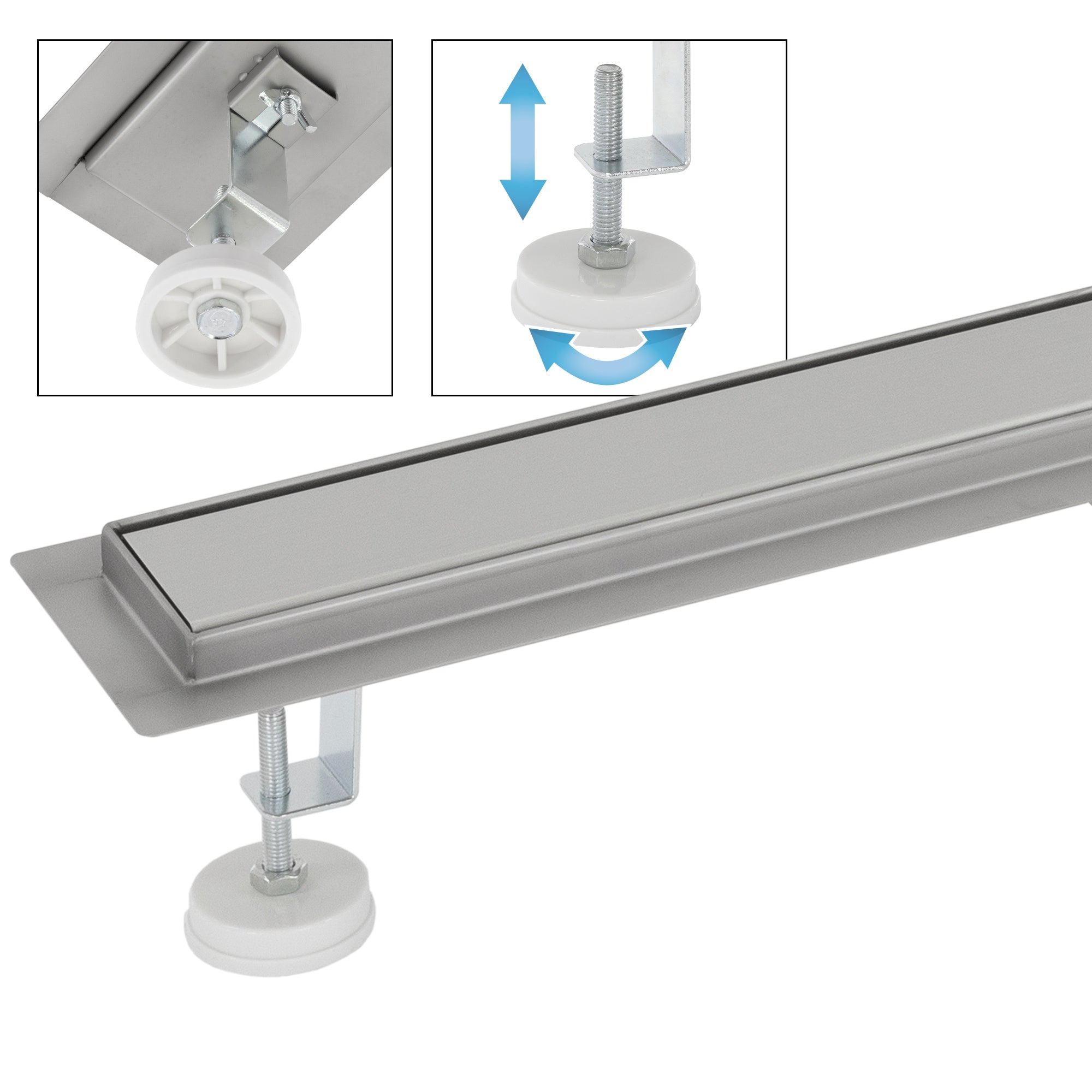 Detail view of a metal drain with adjustable feet and a screw.