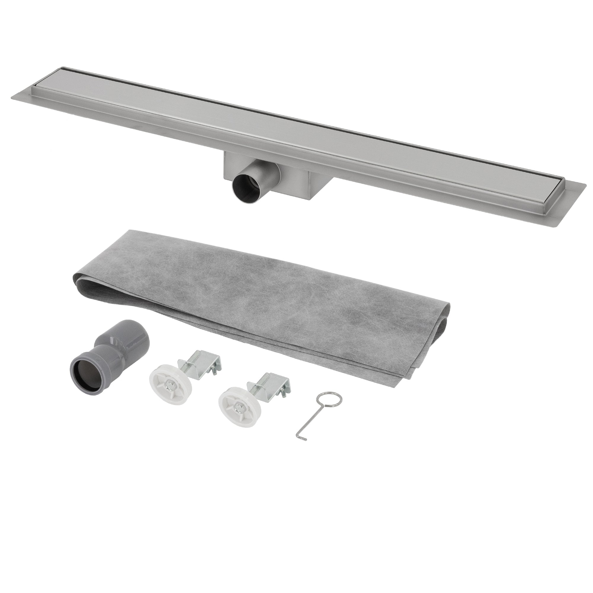 Stainless steel shower channel with accessories and a gray sealing strip.
