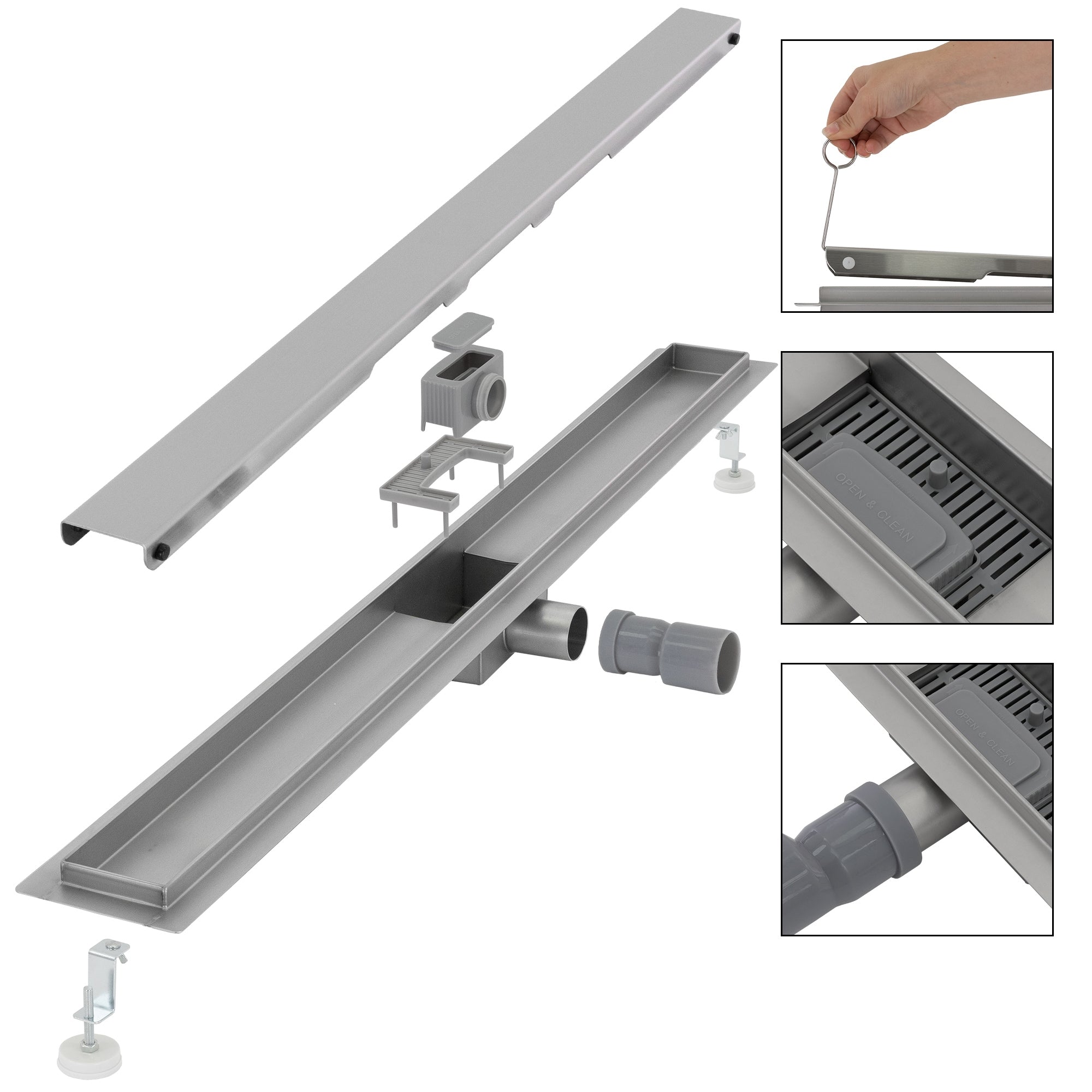 Metallablauf mit abnehmbarer Abdeckung, Verbindungselementen und einem Handgriff.