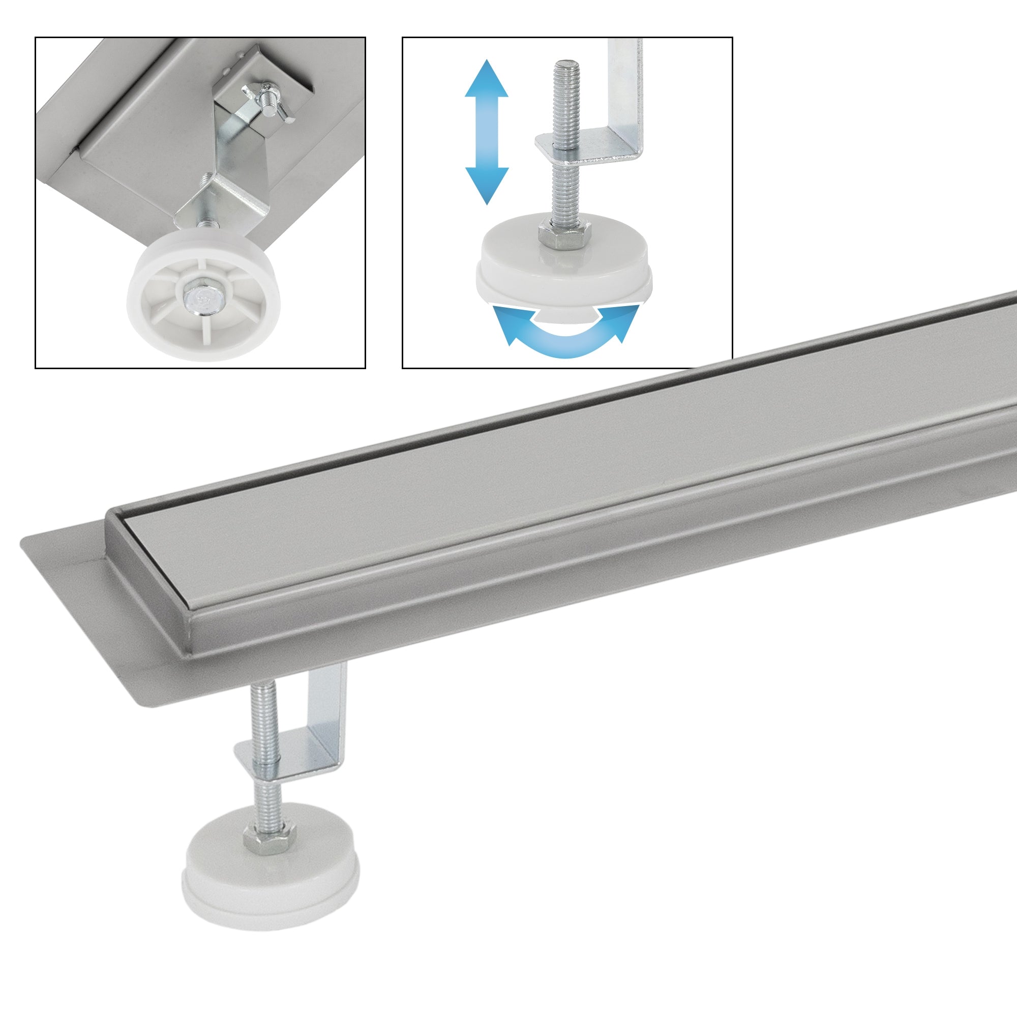 Detailansicht eines Metallprofils mit verstellbarem Fuß und Rollen.