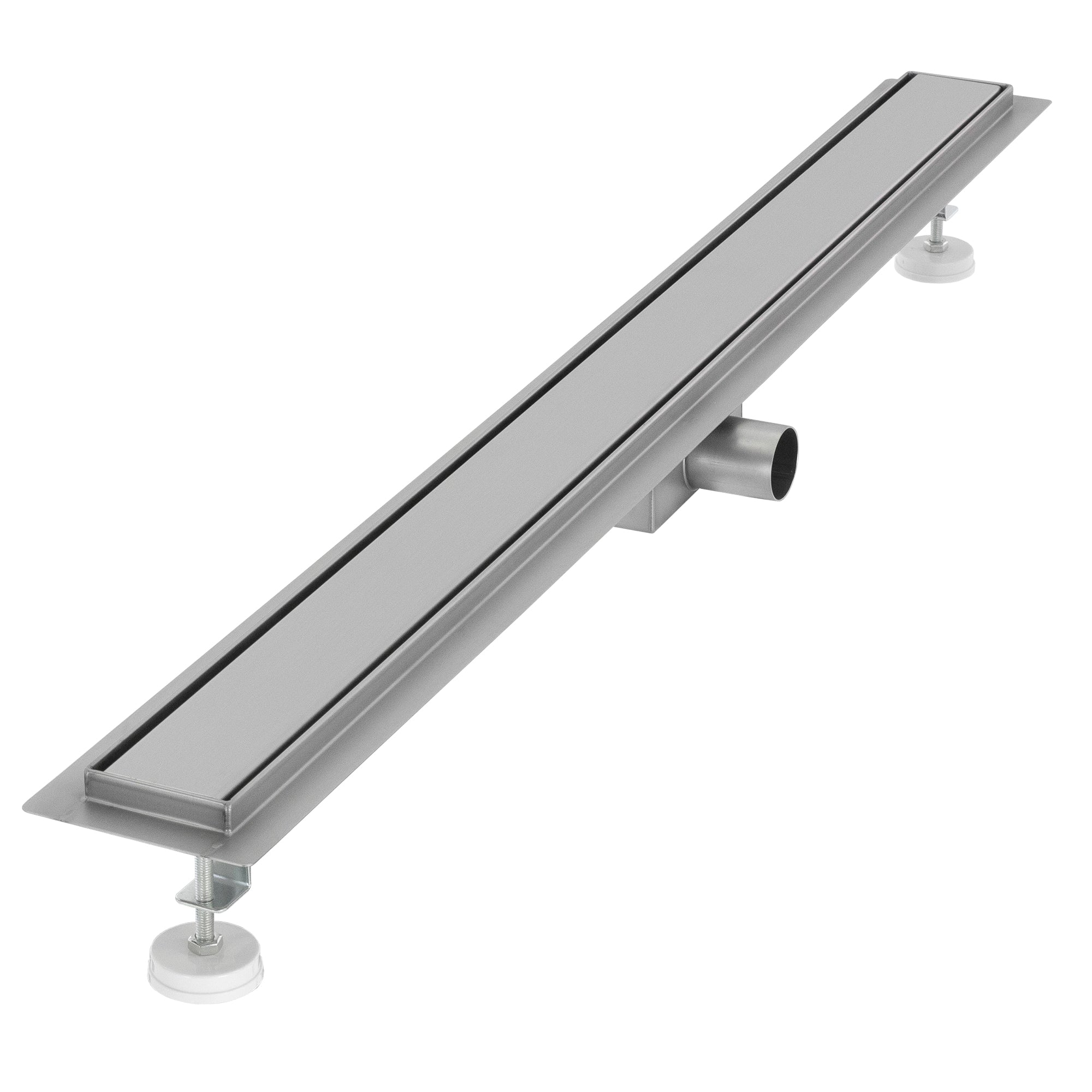 Long, silver shower drain with side connection.
