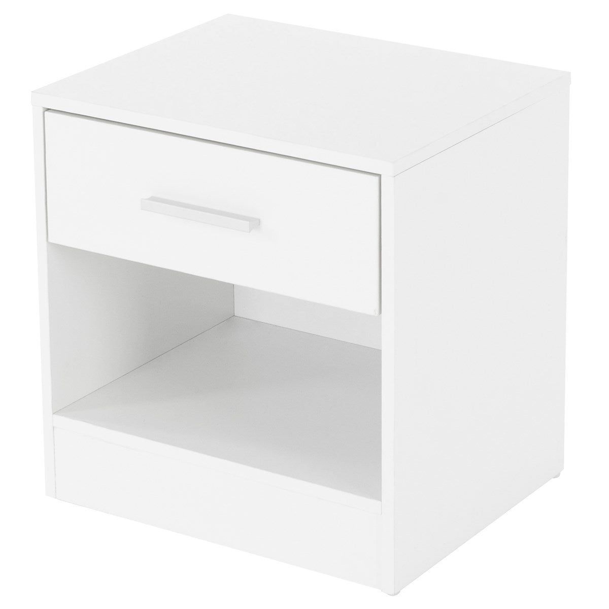 Comodino bianco con un cassetto e un vano aperto.