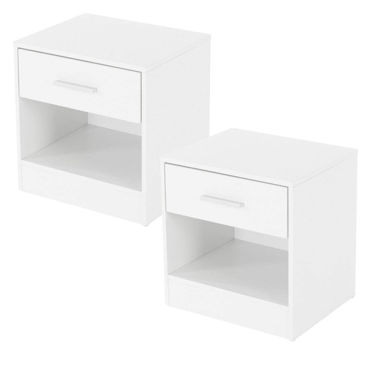 Two white bedside tables with one drawer and an open compartment.