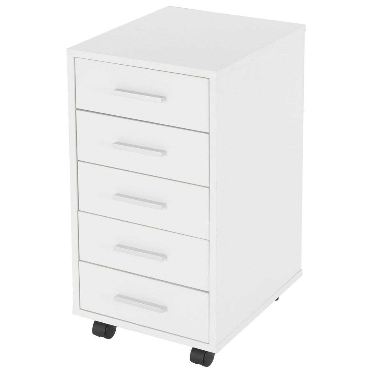 White mobile drawer unit with five drawers on a wooden floor.