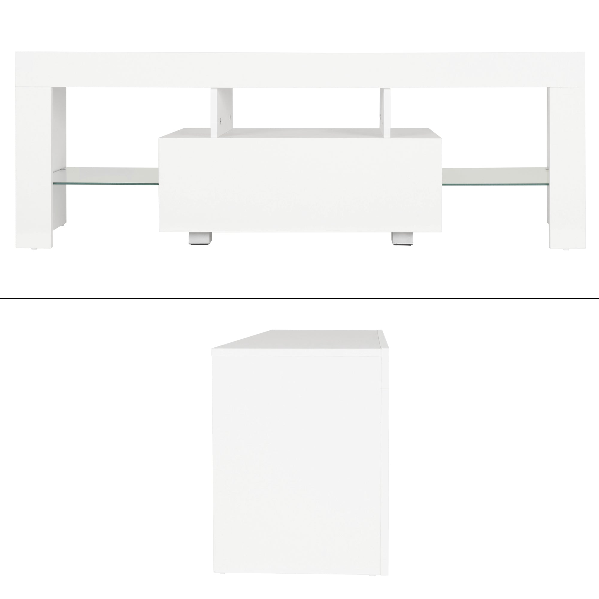Meuble TV blanc avec étagère en verre et deux compartiments ouverts.