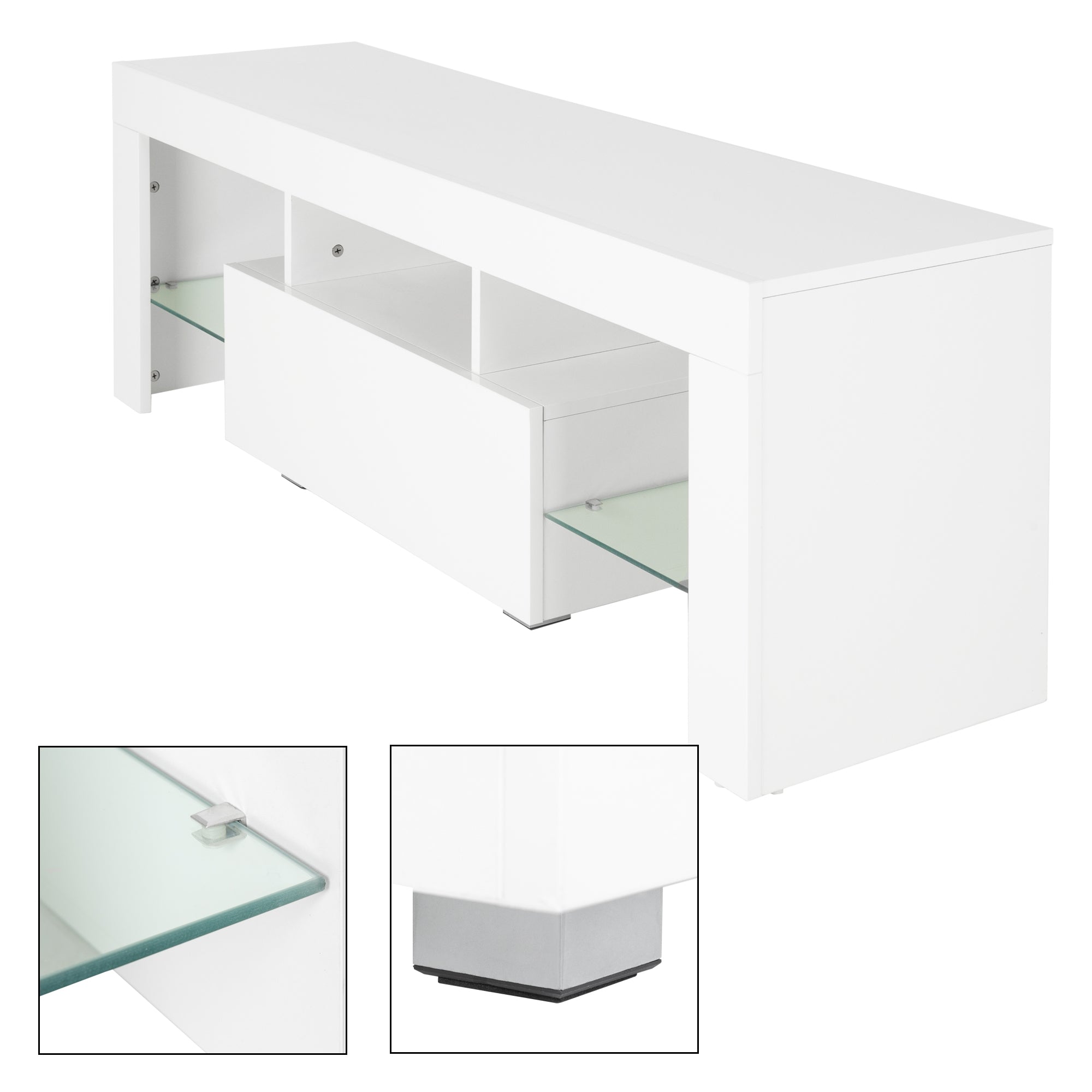 Un meuble TV blanc avec deux compartiments ouverts et un tiroir.