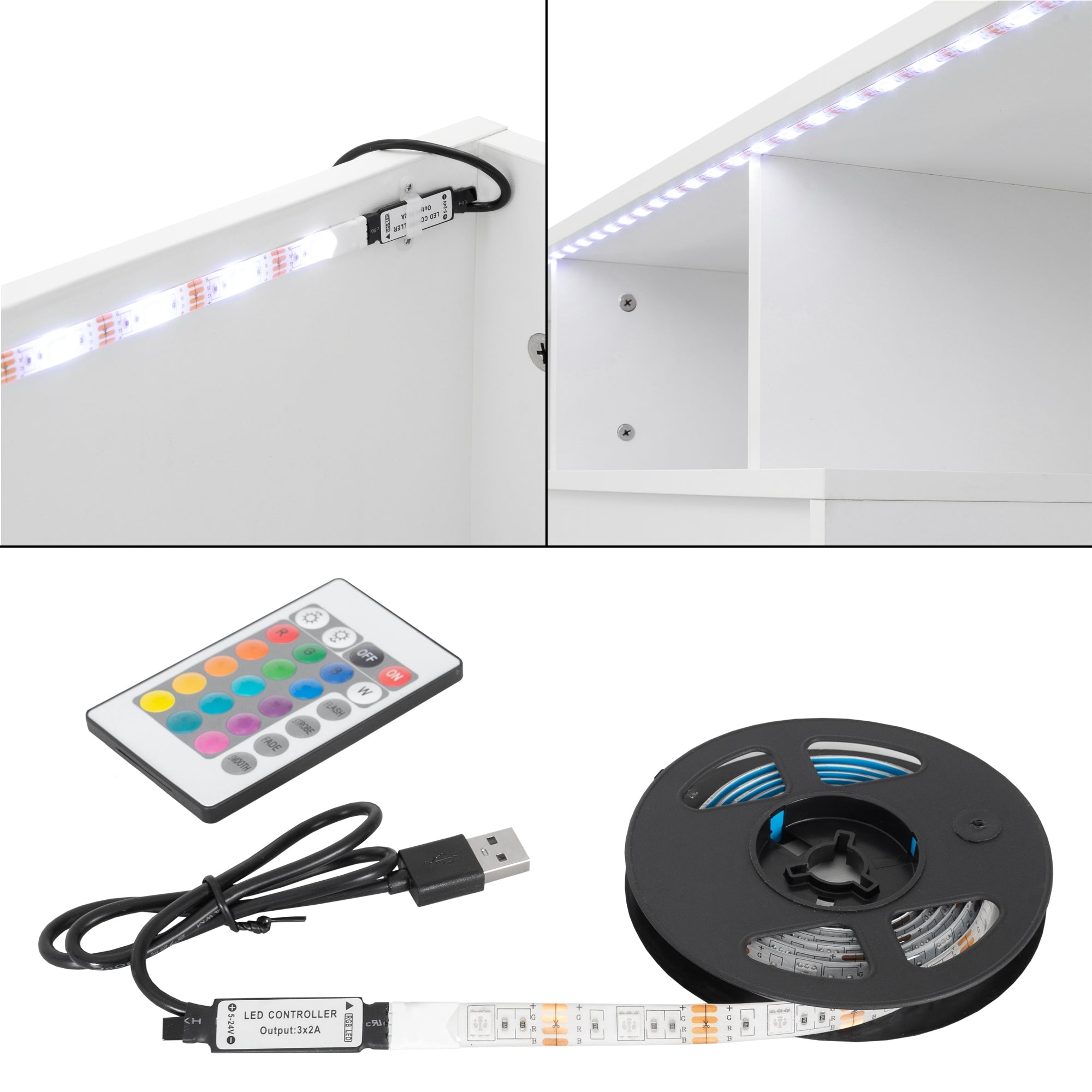 Bande LED avec contrôleur et télécommande sur une table.