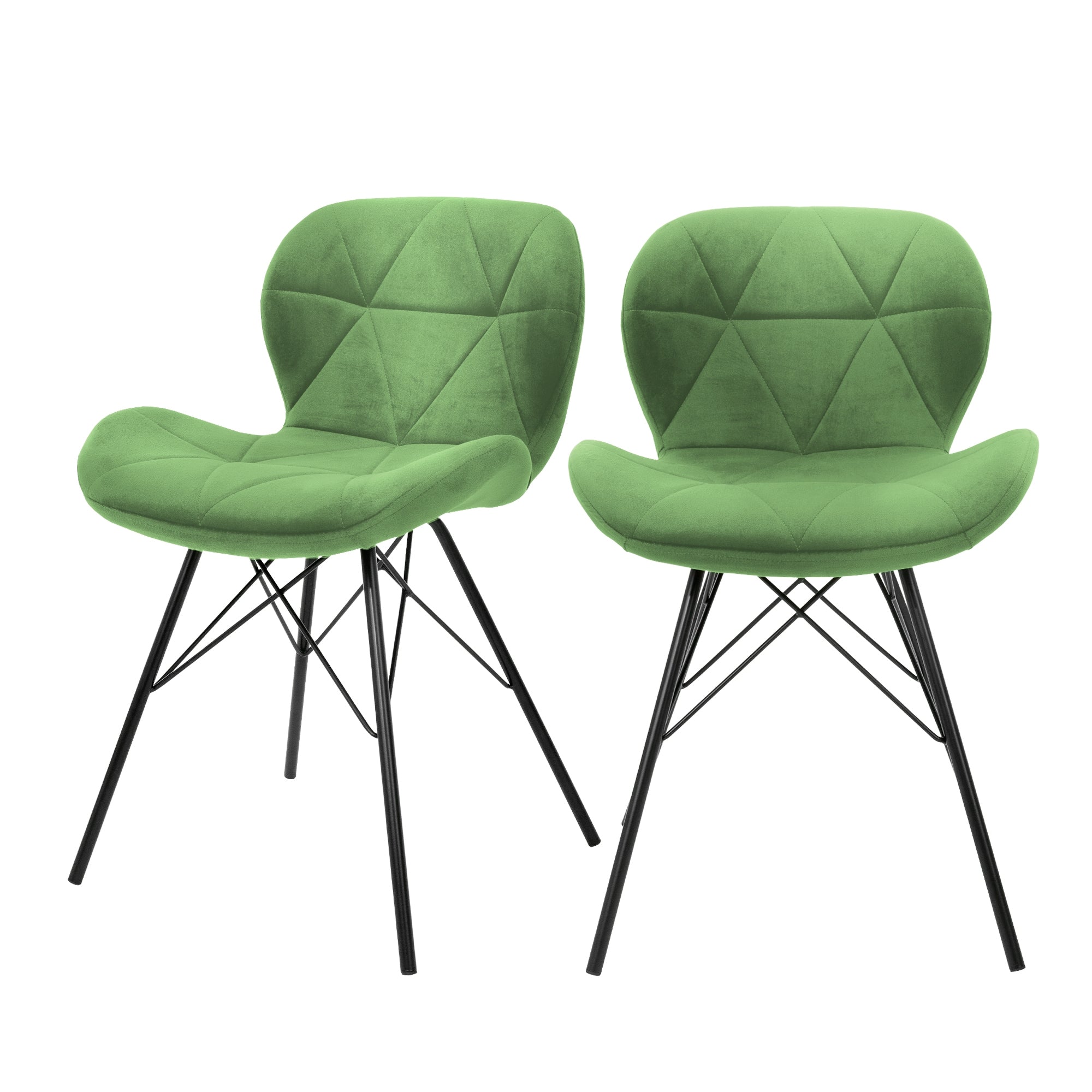 Dos sillas verdes con asiento acolchado y patas negras.