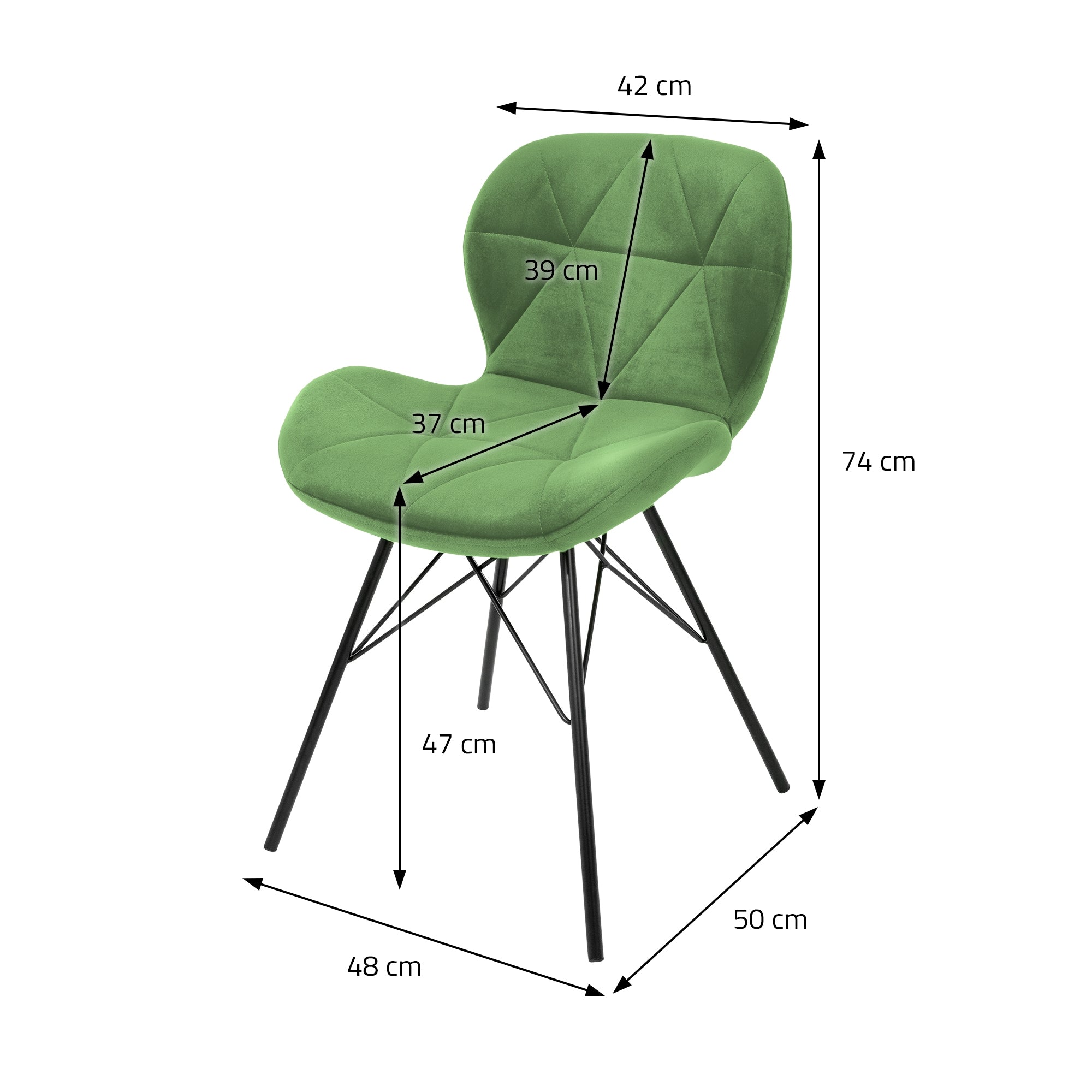 Grüner Stuhl mit Maßangaben: Höhe 74 cm, Breite 48 cm, Tiefe 50 cm.