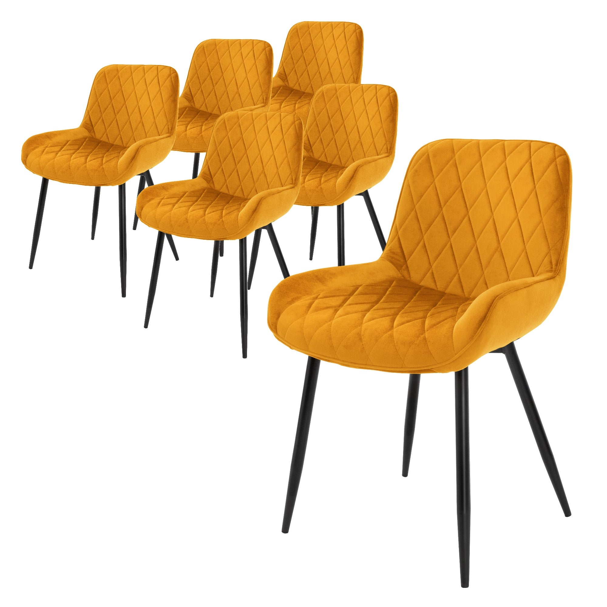 Six orange chairs with diamond pattern on black legs.