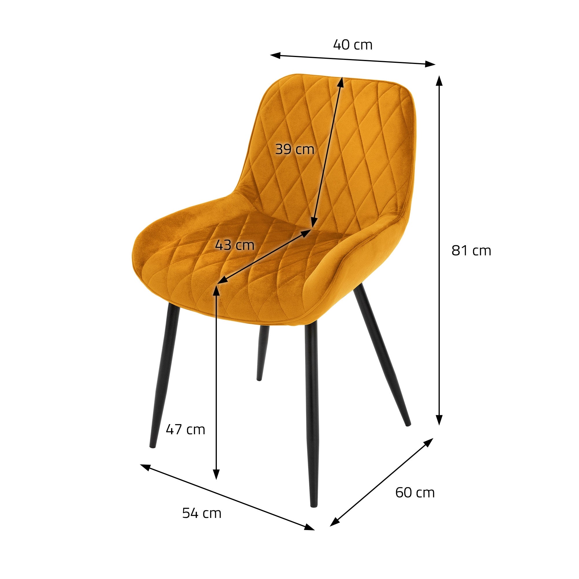 Sárga szék méretadatokkal: magasság 81 cm, szélesség 54 cm, mélység 40 cm.