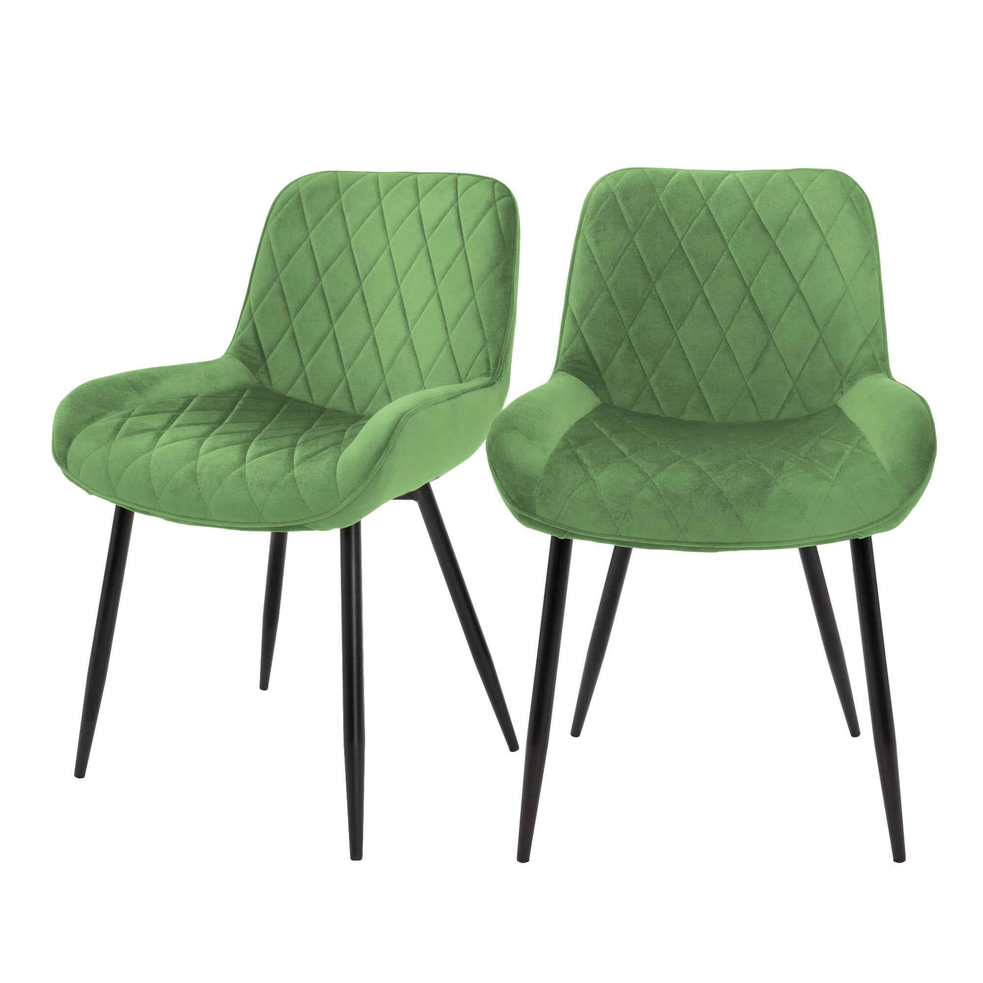 Zwei grüne Stühle mit Rautenmuster und schwarzen Beinen.
