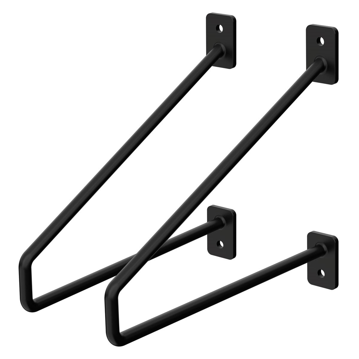 Zwei schwarze Halterungen mit Wandbefestigungen.