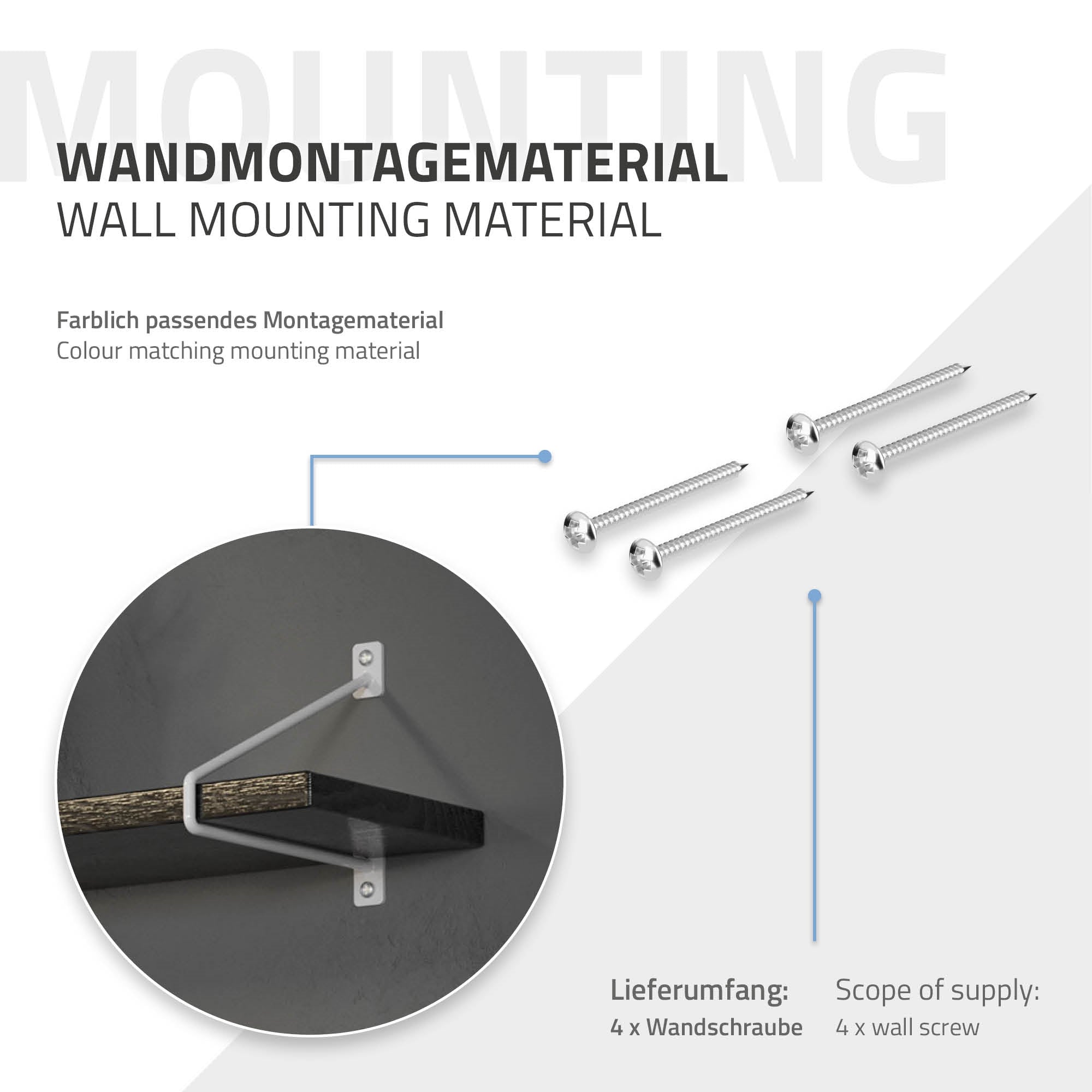 Montagemateriaal met schroeven en wandbevestiging voor rekken.