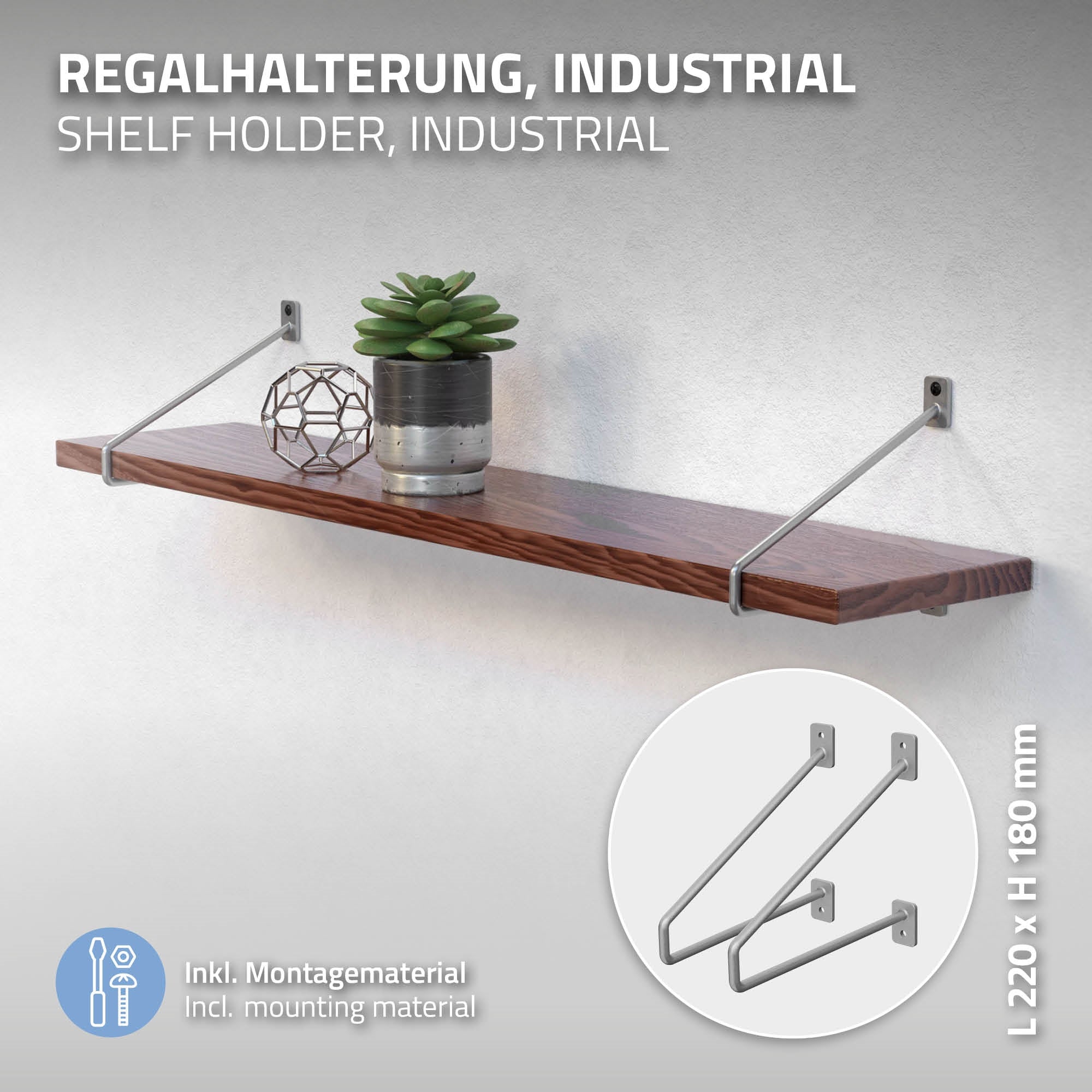 Regalhalter aus Metall, Holzregal mit Pflanzen und Dekoration.
