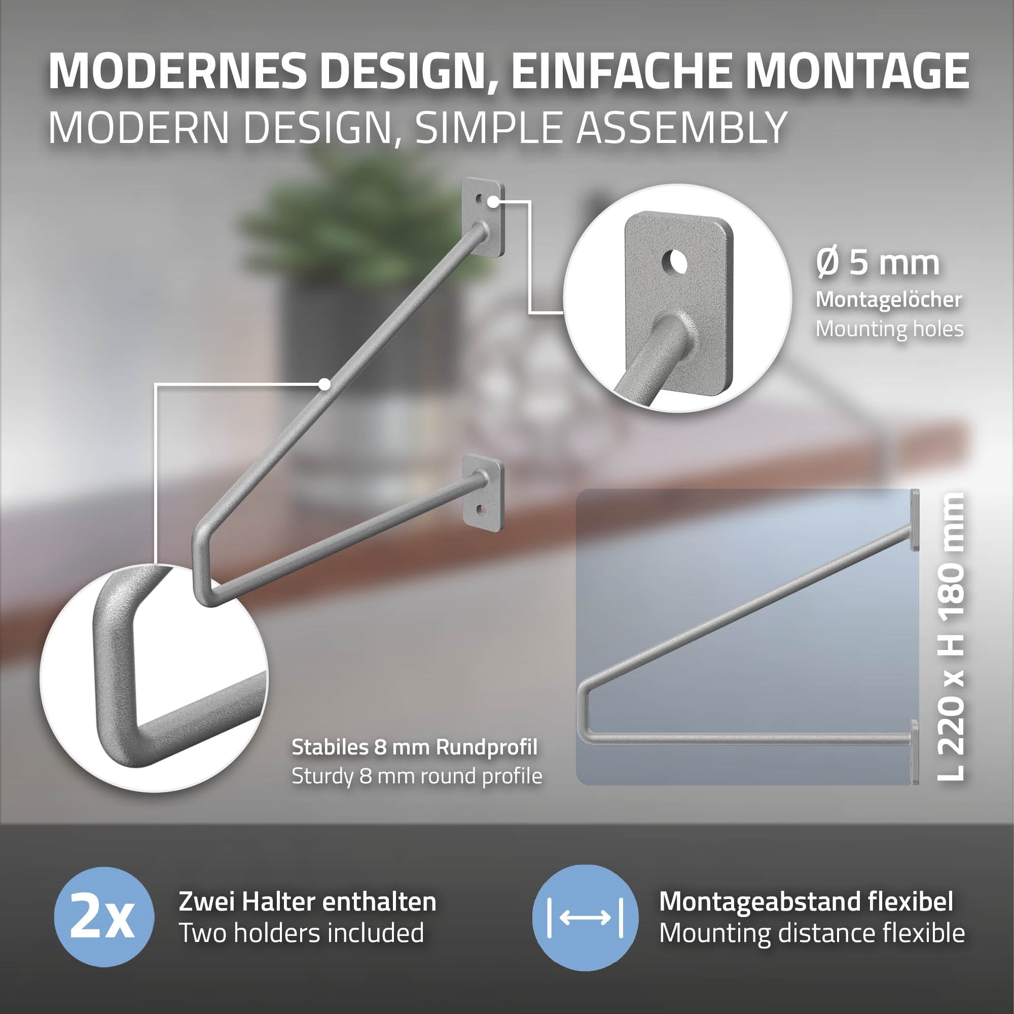 Twee houders voor planken, montagehandleiding, modern ontwerp, eenvoudige montage.