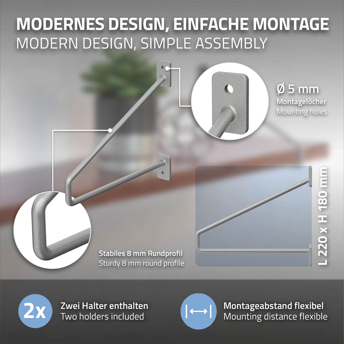 Zwei Halter für Regale, Montageanleitung, modernes Design, einfache Montage.
