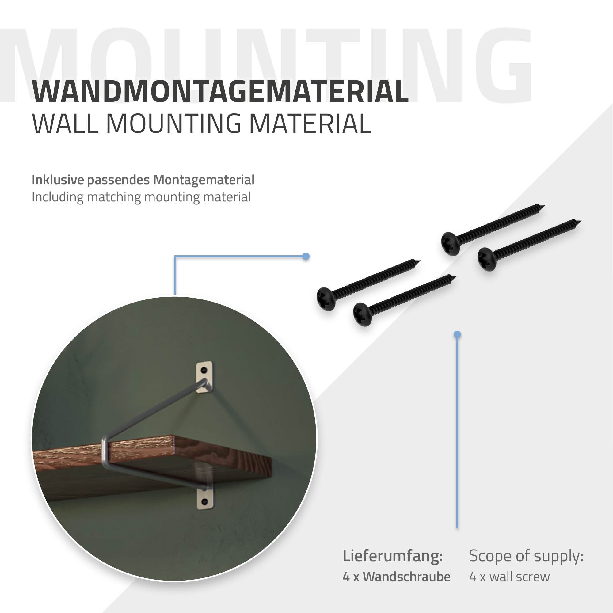 Wandmontagemateriaal met schroeven en houders op een witte achtergrond.