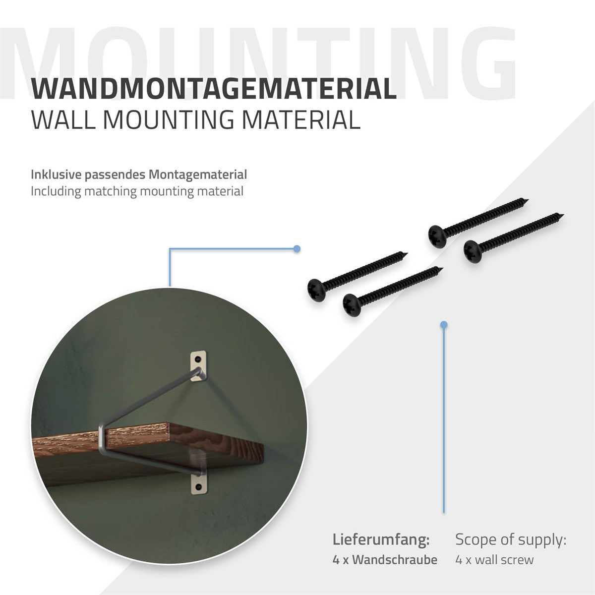 Wandmontagematerial mit Schrauben und Halterungen auf weißem Hintergrund.