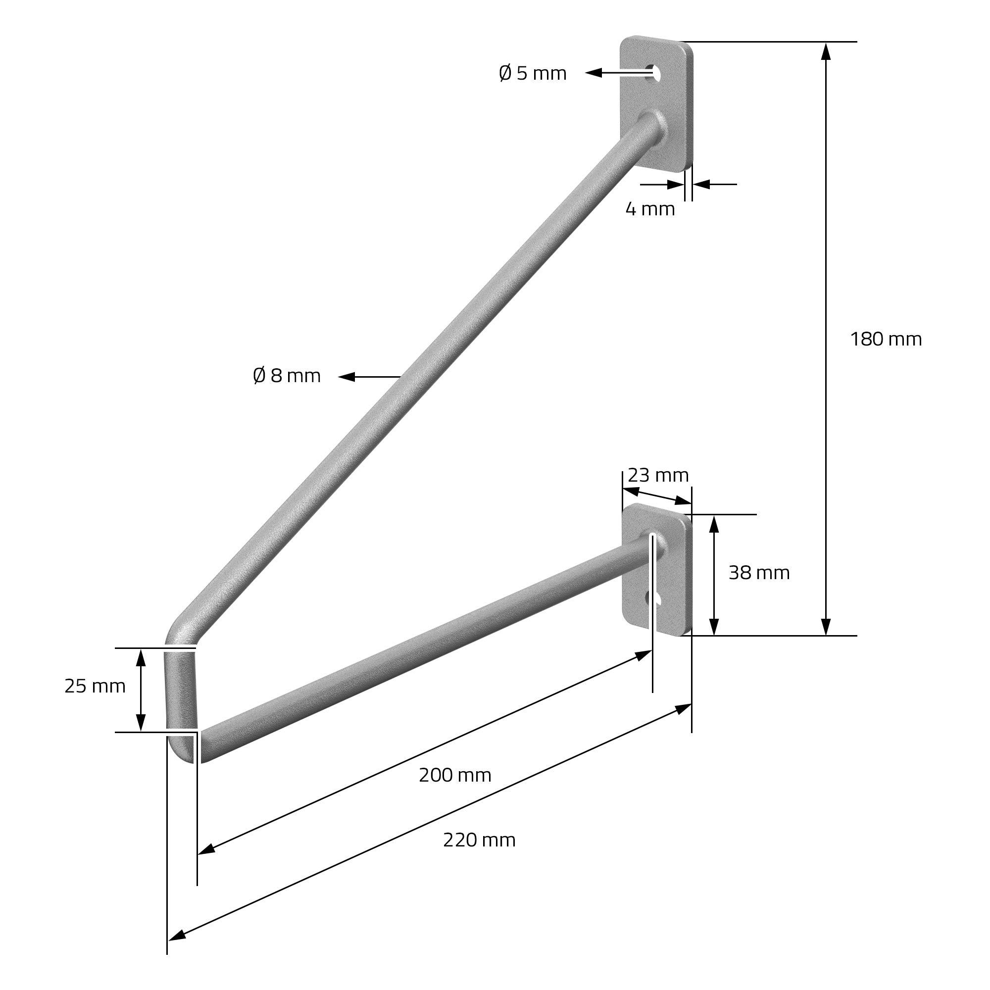 Technische tekening van een plankhouder met afmetingen en diameters.