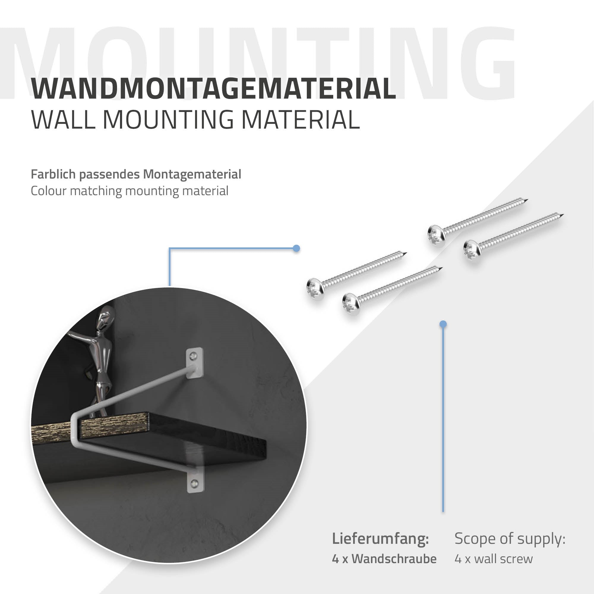 Montagemateriaal voor wand met schroeven en bevestiging.