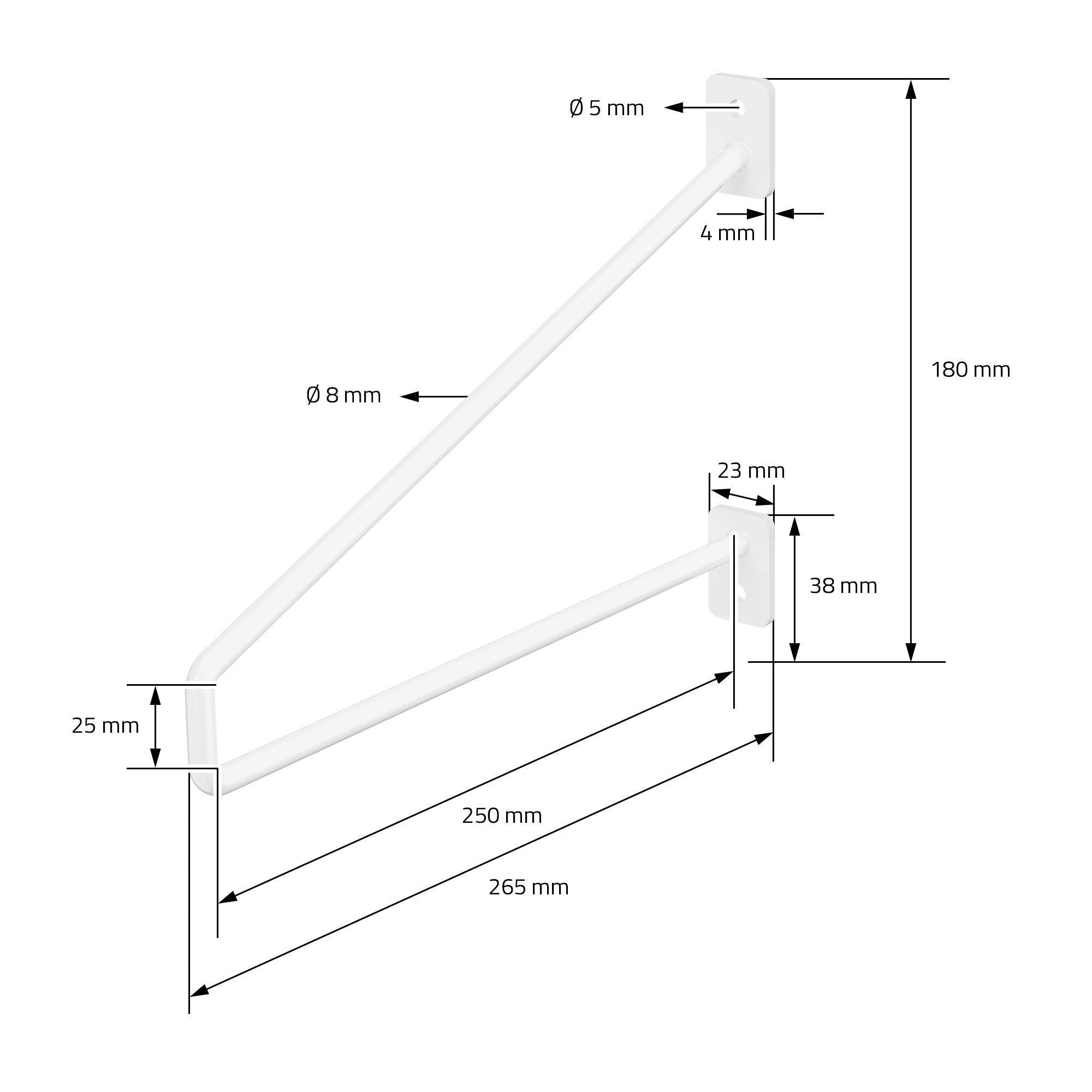 Disegno tecnico del supporto per mensole con misure e fori.