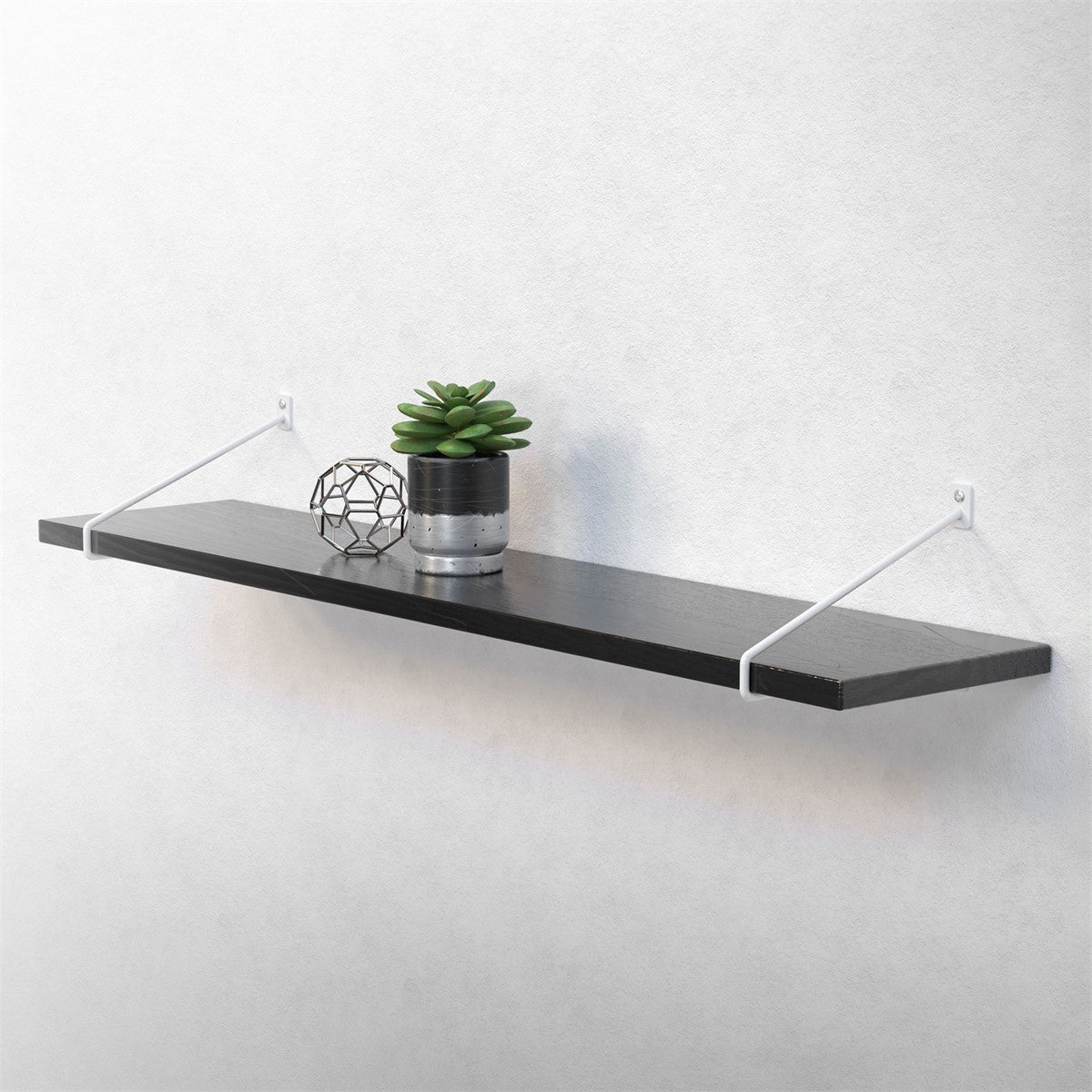 Dark wooden shelf with plants and decorations on a wall.