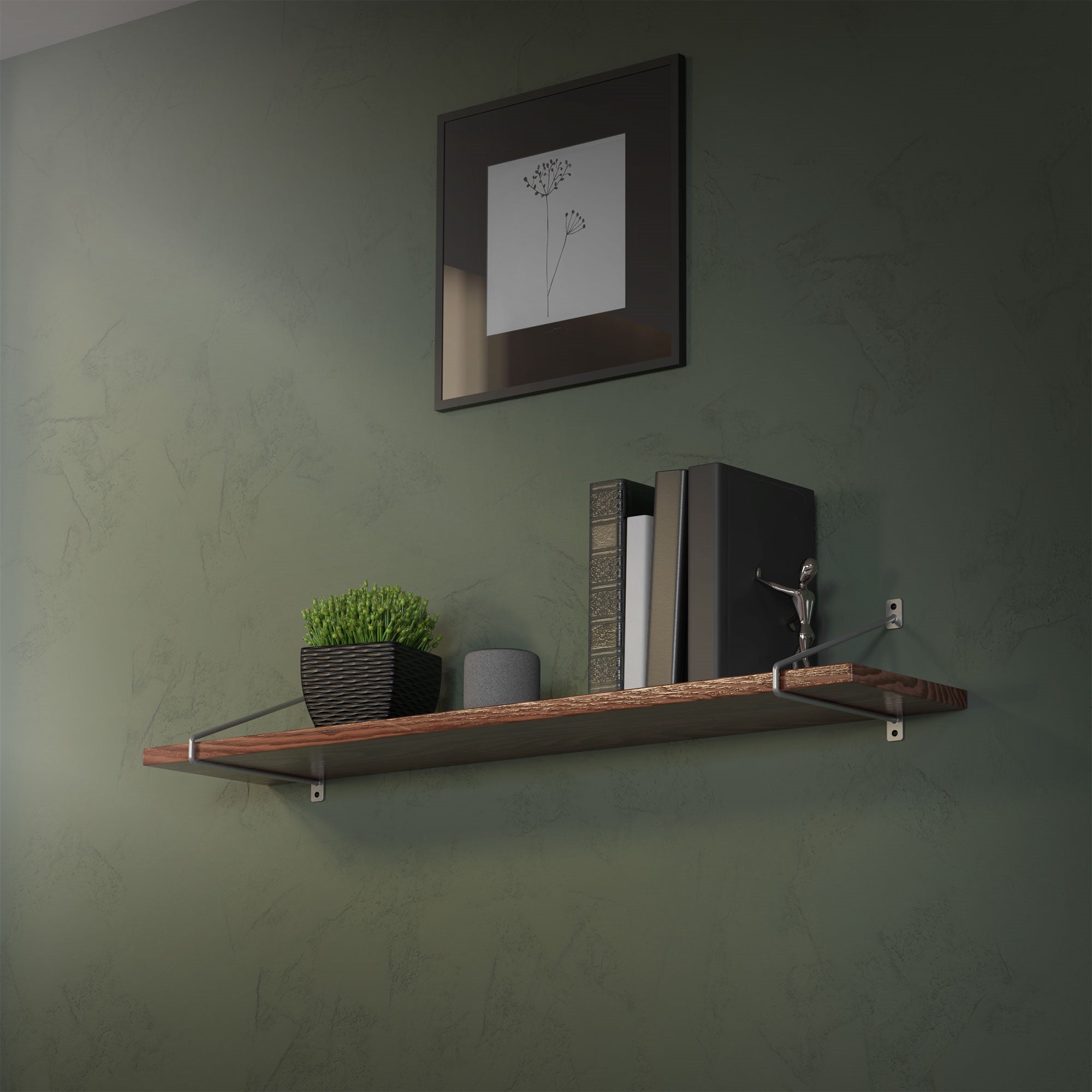 Regal mit Büchern, Pflanze und einem Bildrahmen an einer Wand.