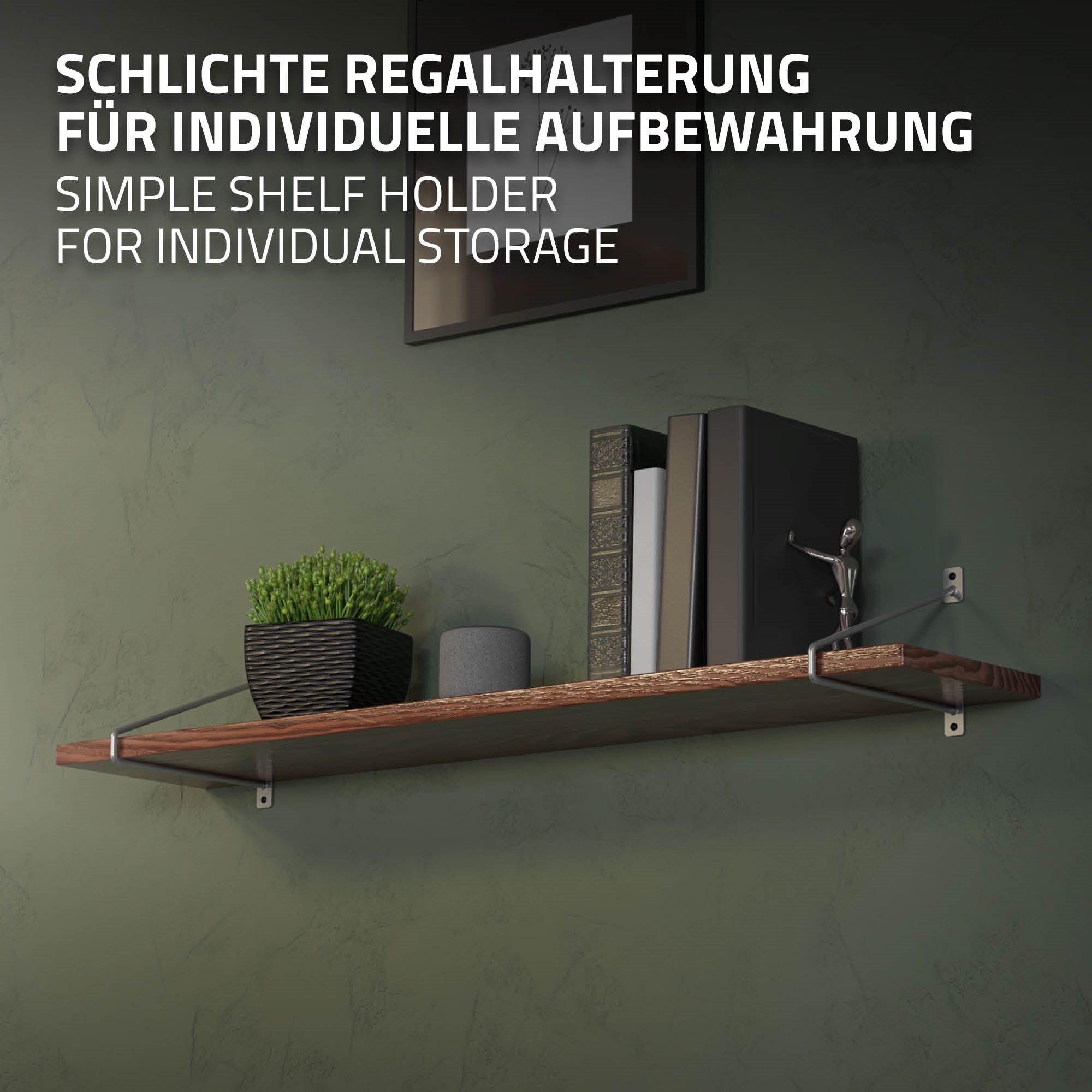 Regalhalterung mit Bücher und Pflanze auf einer Wand.