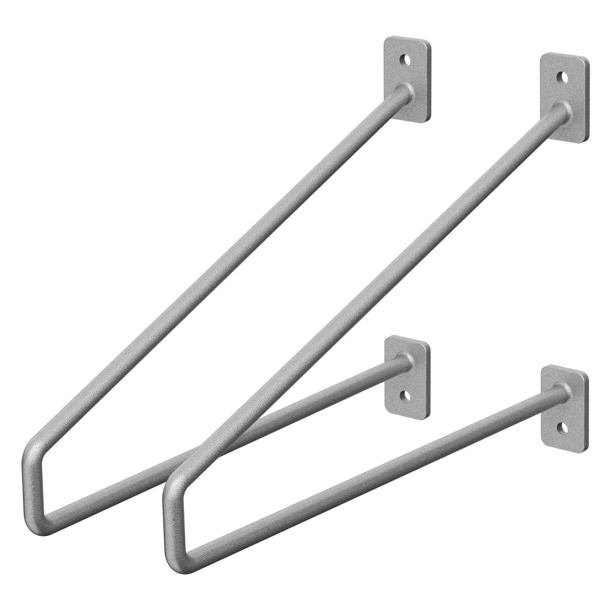Zwei graue Wandhalterungen aus Metall in schräger Anordnung.