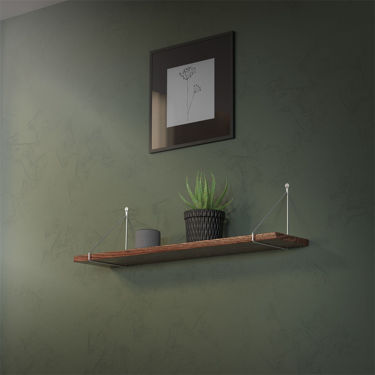 Étagère en bois avec des plantes et un cadre photo sur un mur vert.