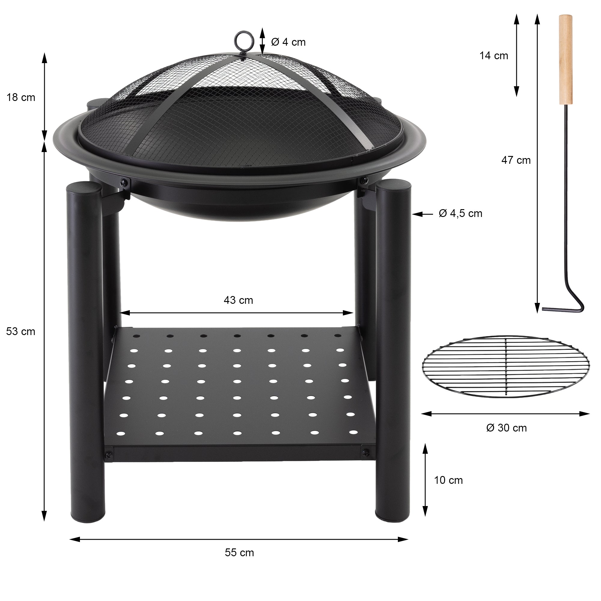 Fire pit with mesh cover, dimensions: 55 cm diameter, 53 cm height.