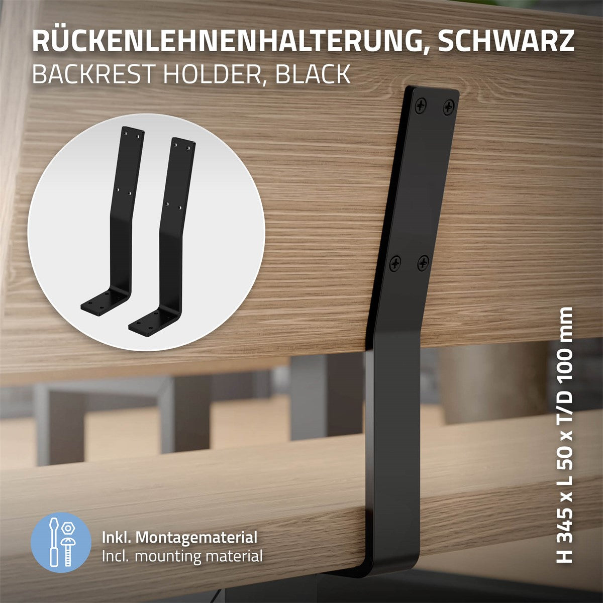 Schwarze Rückenlehnenhalterung, mit Abmessungen und Montagehinweisen.
