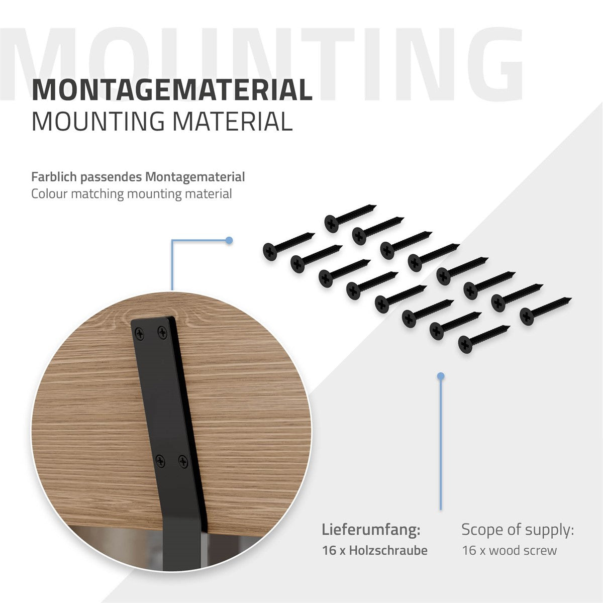 Montagematerial mit Holzschrauben, auf einem hellen Hintergrund.