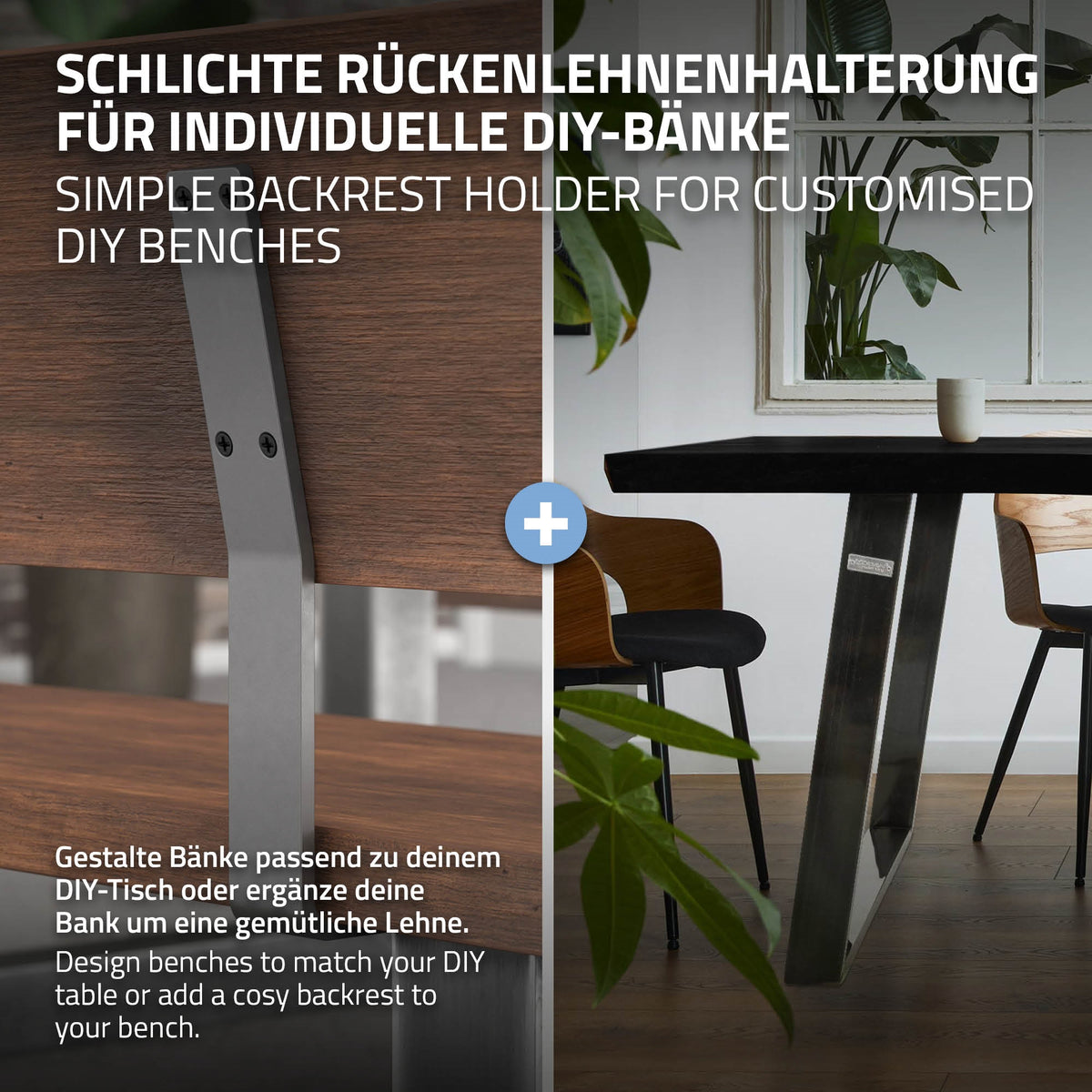Rückenlehnenhalterung für Bänke, Holz und Metall, mit Text und Symbolen.