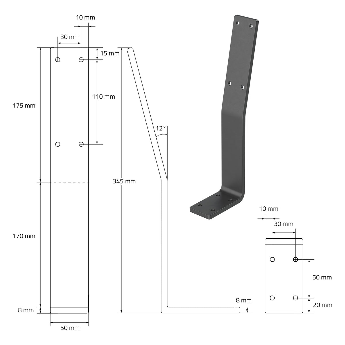 Technische Zeichnung einer schwarzen Metallhalterung mit Maßen und Bohrlöchern.