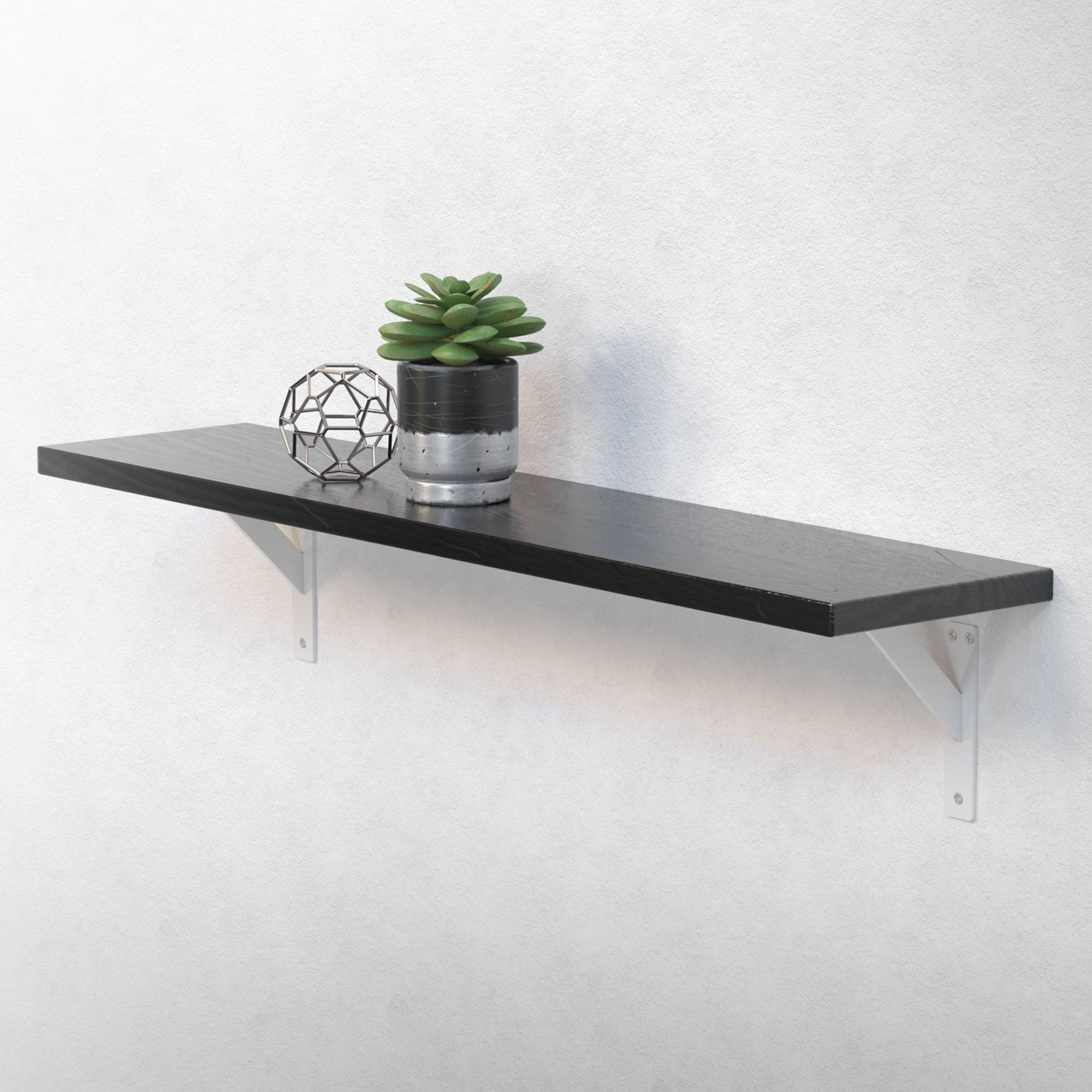 Zwarte plank met planten aan een lichte muur.