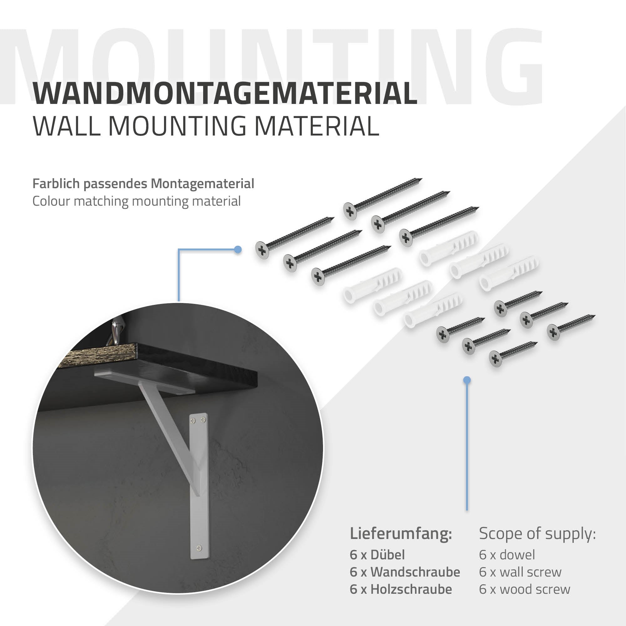 Wandmontagemateriaal met pluggen en schroeven op een lichte achtergrond.