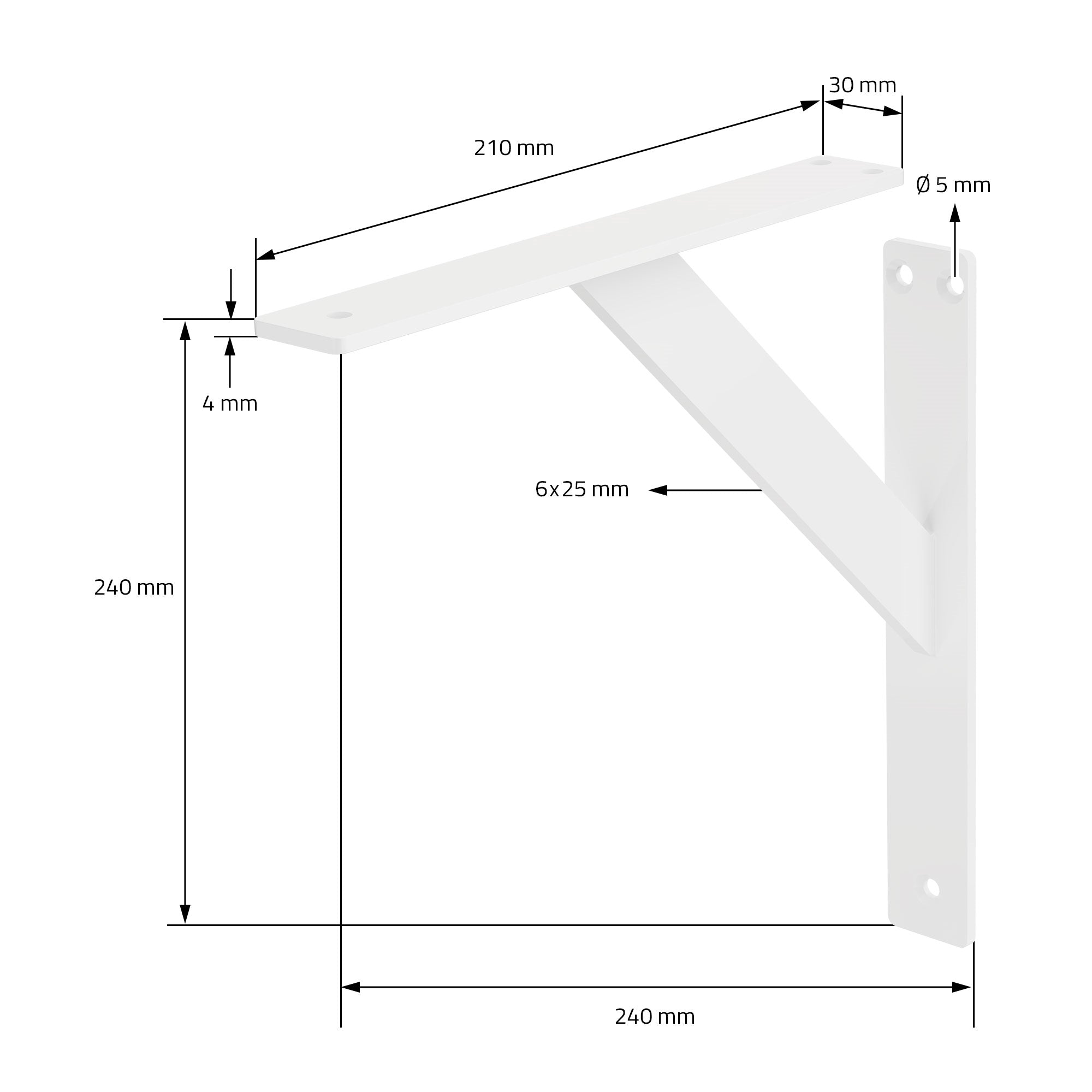Technische tekening van een witte wandhouder met afmetingen.
