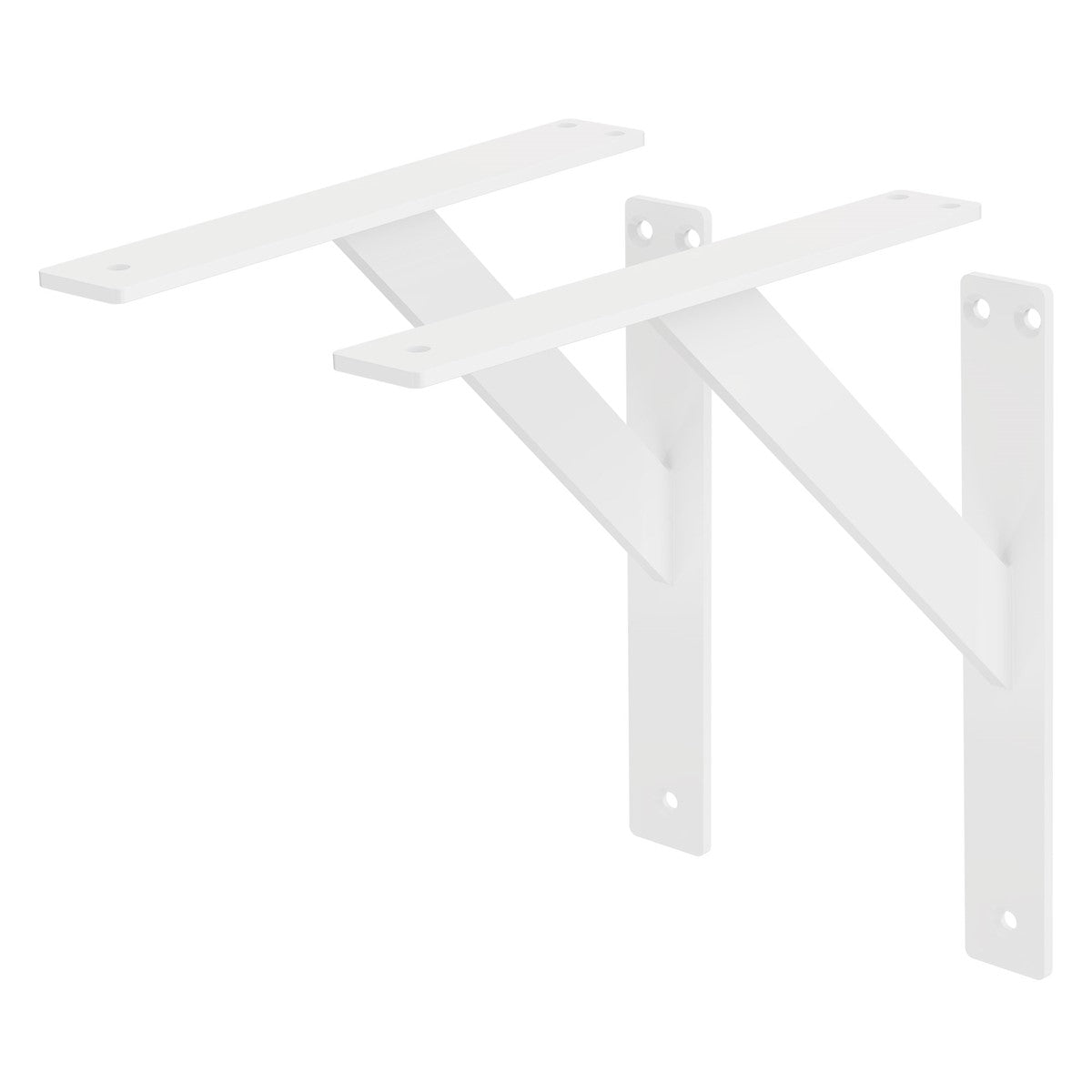 Two white V-shaped wall brackets for mounting on walls.