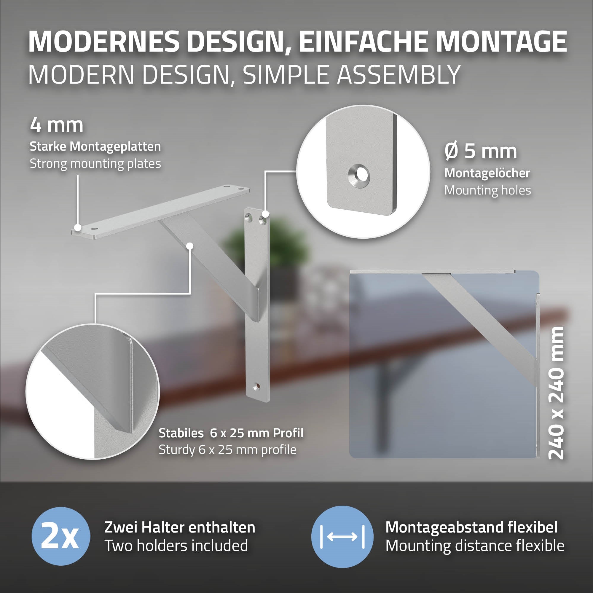 Montageanleitung für Regalhalterung mit Maßen und Details.