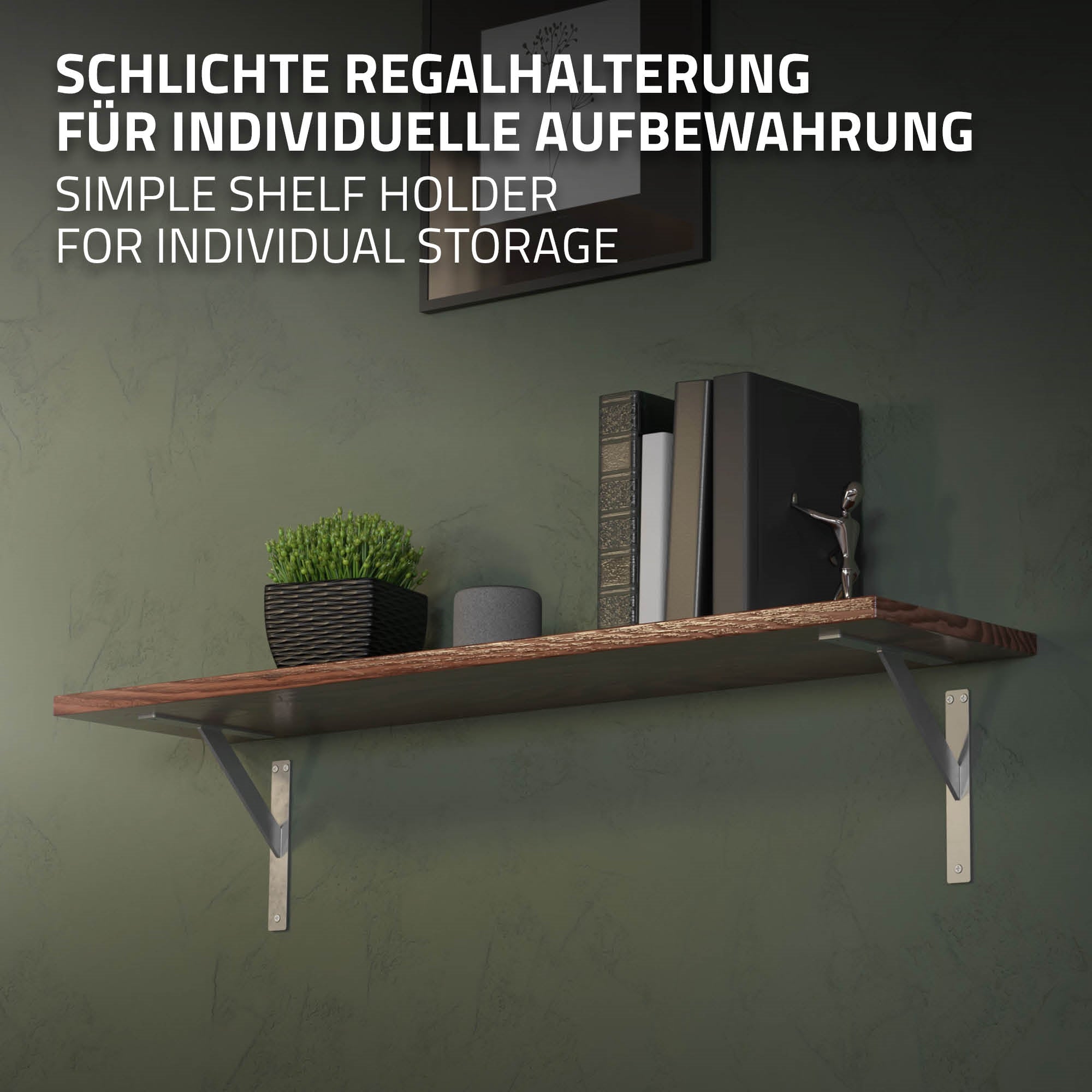 Regalhalterung mit Holzregal, Pflanzen und Büchern auf einer grünen Wand.