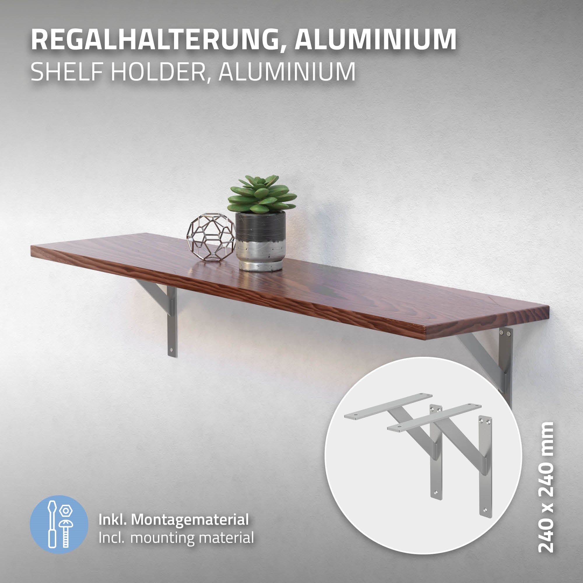 Regalhalterung aus Aluminium mit Holzregal und Pflanze.