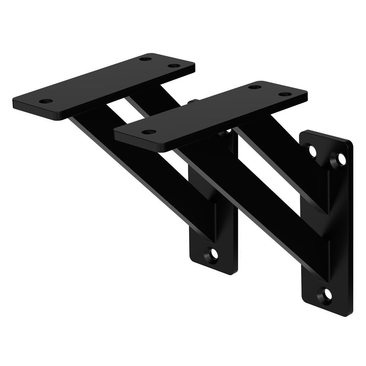 Schwarze Wandhalterung für Regale mit zwei horizontalen Ablagen.